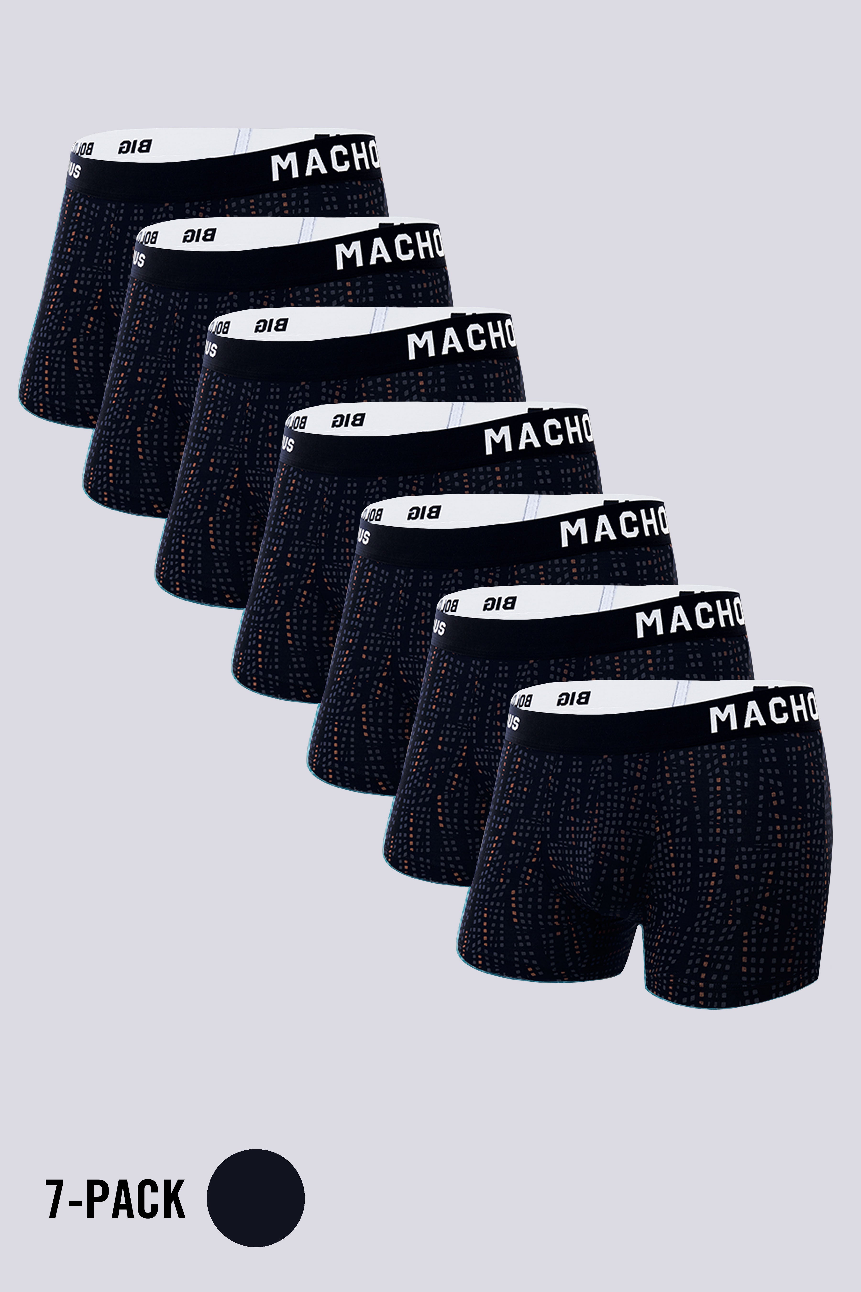 Macho Genie Vibrant Vibes 7 pack of men’s black modal trunks crafted from bio washed modal with vibrant prints, ULTRA SOFT wash, flexible waistband and 3 inch inseam; all seven trunks in the pack are Black