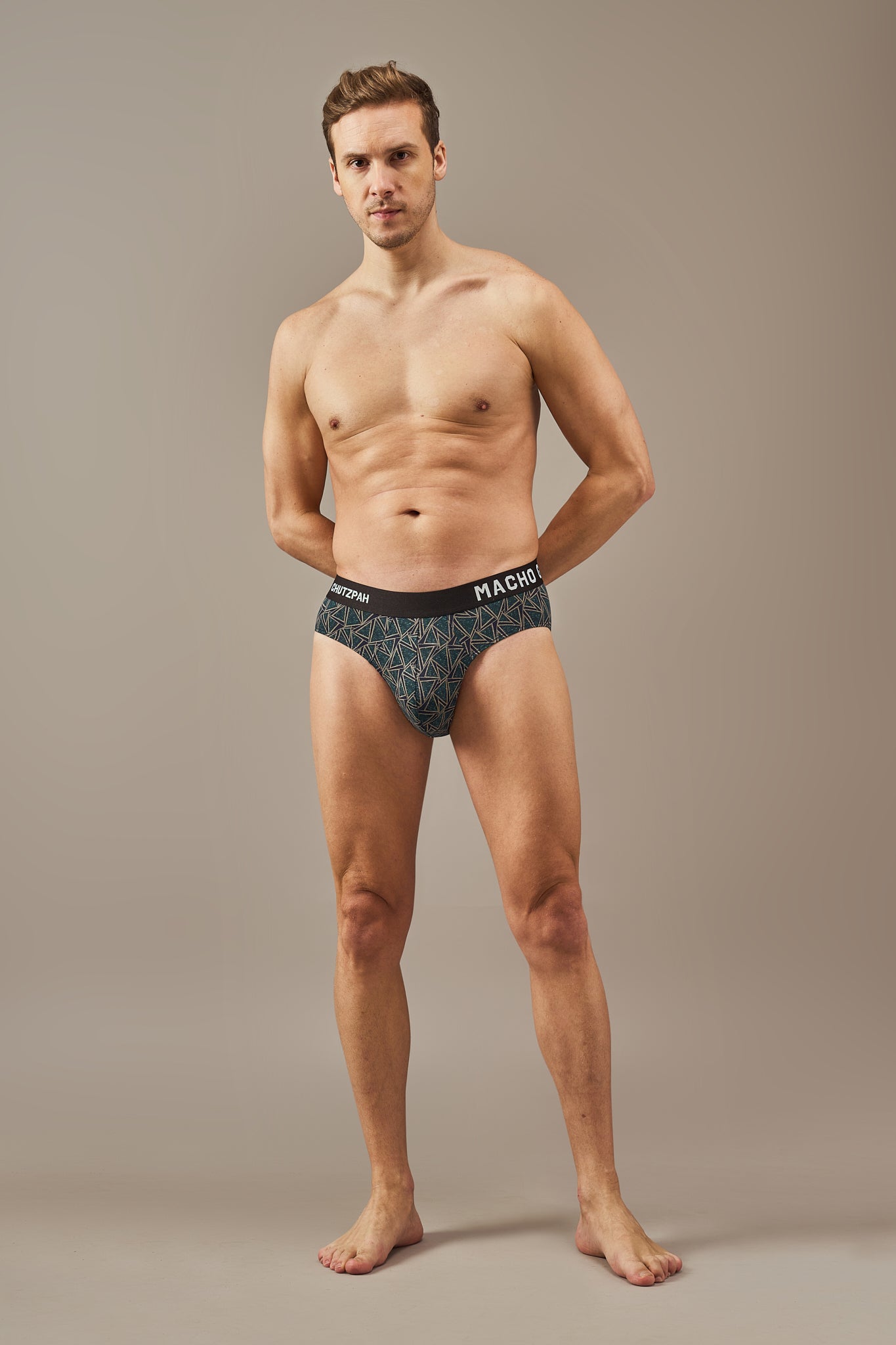 Macho Genie vibrant blue printed modal briefs featuring ultra soft fabric, geometric patterns, tag-free comfort and a flexible waistband designed for secure stretch without digging in