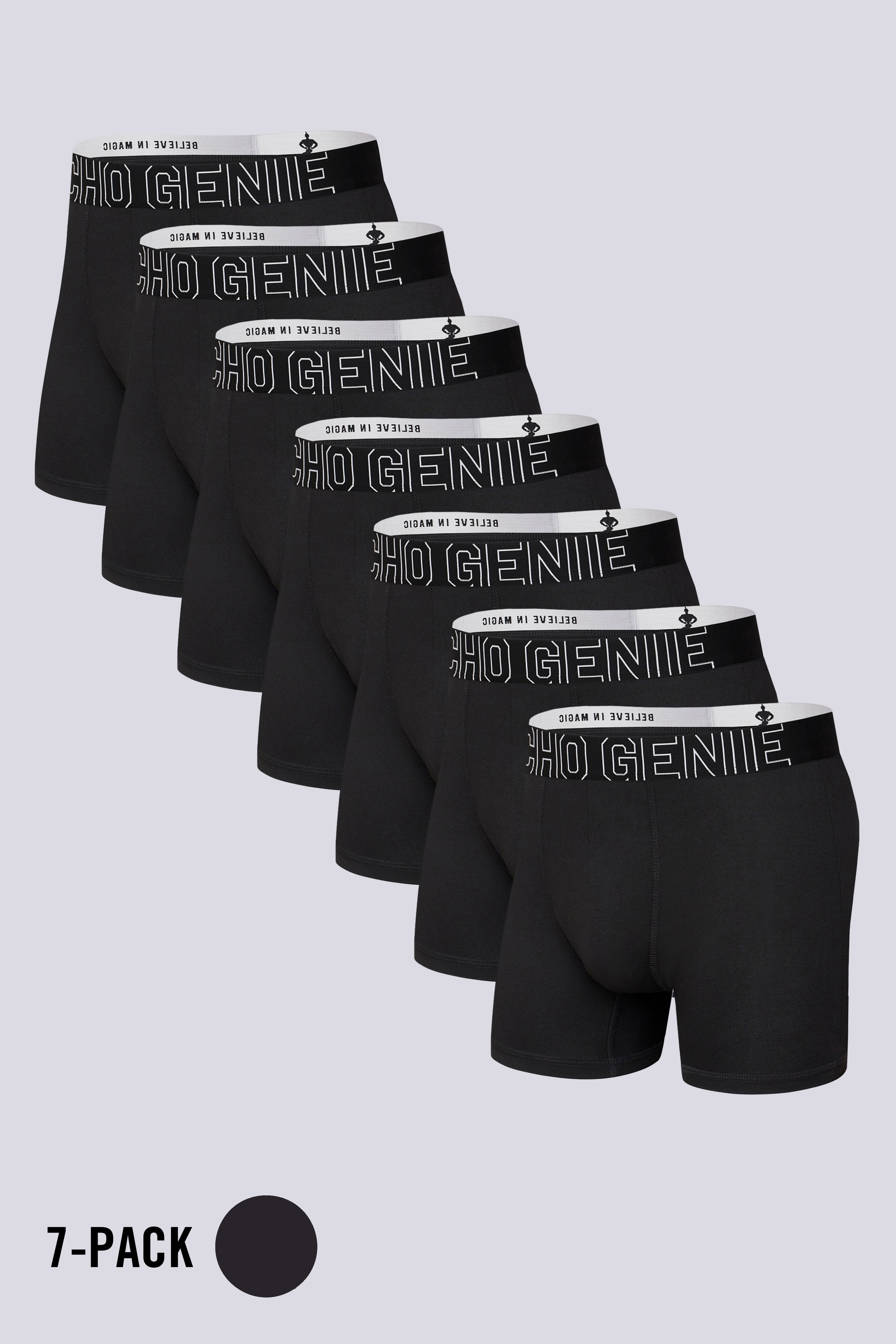 Macho Genie mens Essentials FlexCore boxer brief 7 pack in Ultima Black with high stretch microfiber compression support and flexible waistband