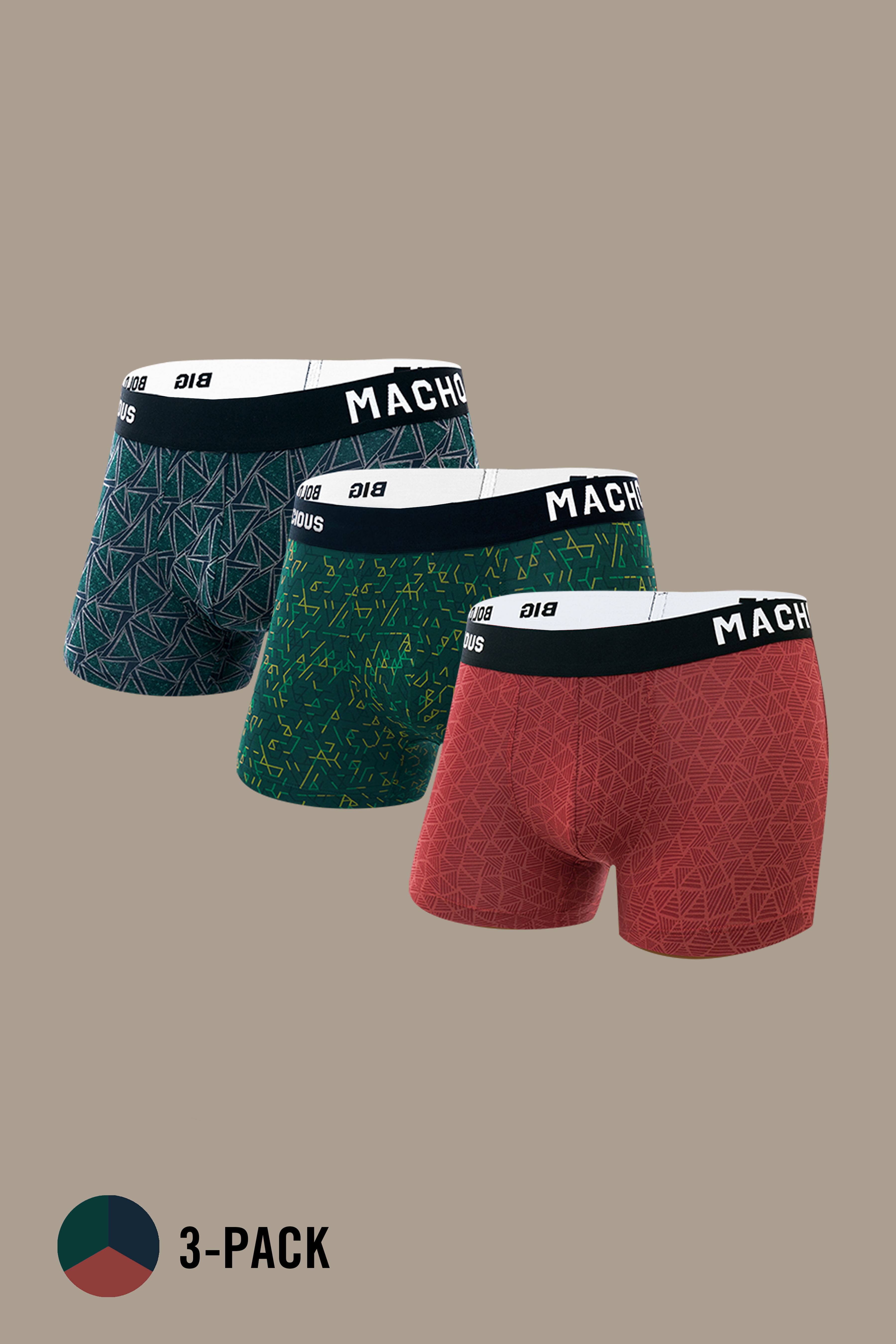 Macho Genie men’s modal trunks pack of 3 in Ocean Green, Pine Green and Red with vibrant prints, bio washed modal, ultra soft comfort, flexible waistband and 3 inch inseam