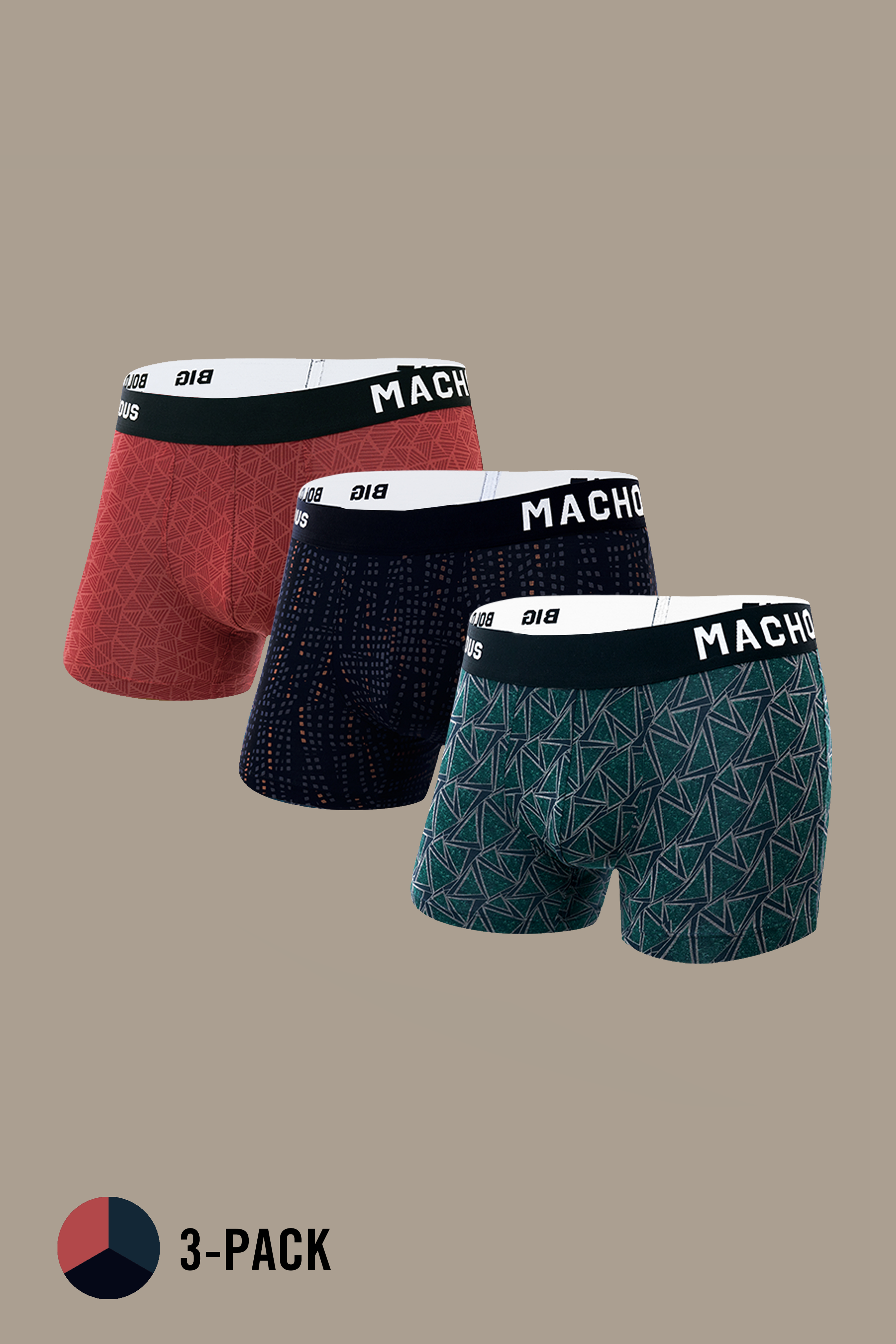 Macho Genie men’s modal trunks pack of 3 in red, black and ocean green with vibrant prints, bio washed modal, ultra soft comfort, flexible waistband and 3 inch inseam