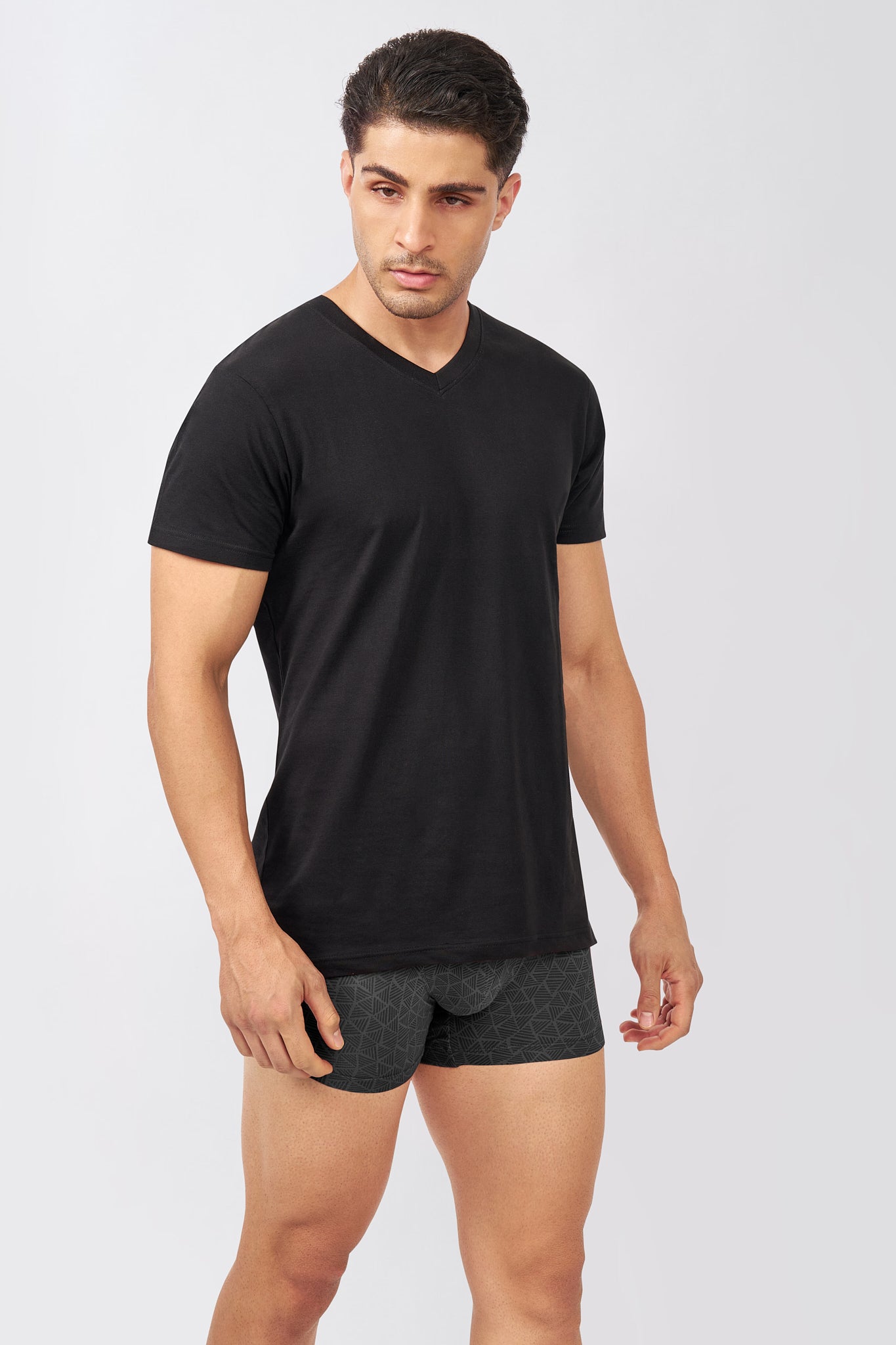 Macho Genie AeroCot Base+ men's black V-Neck cotton undershirt with a fitted short-sleeve silhouette, soft comfortable everyday fit