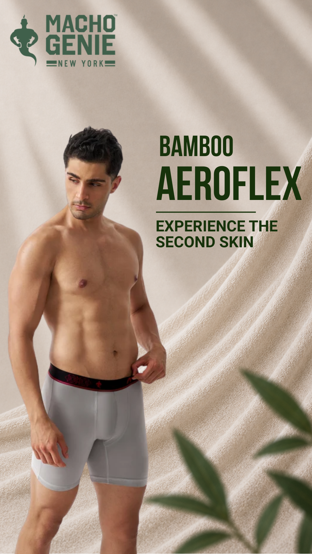 Macho Genie Bamboo Aeroflex men's boxer briefs in heather gray, featuring ultra-soft bamboo fabric, cool and dry comfort, extended coverage and a tag-free design