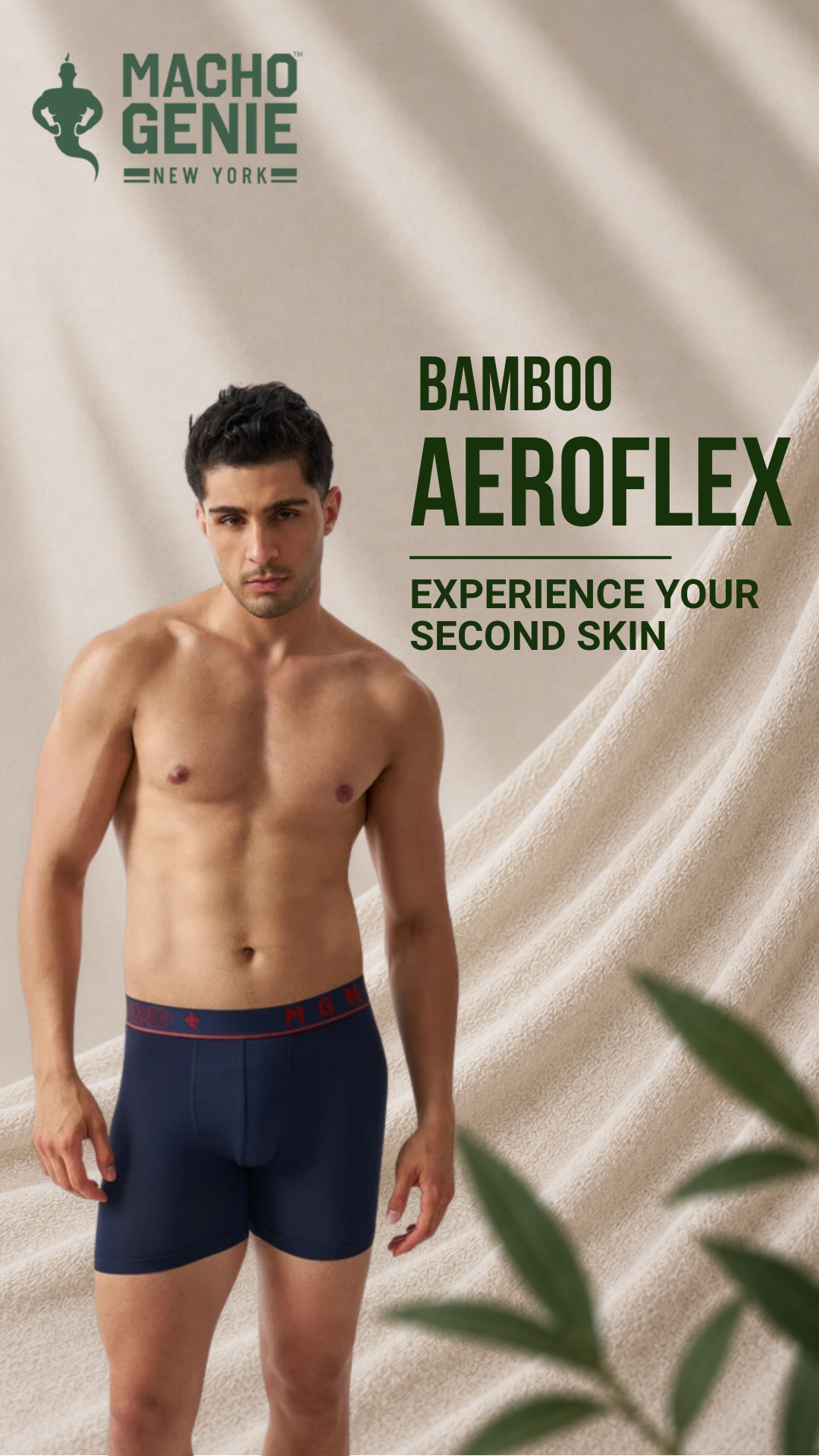 Macho Genie Bamboo Aeroflex men's boxer briefs in deep blue, featuring ultra-soft breathable bamboo fabric, extended coverage and second-skin comfort