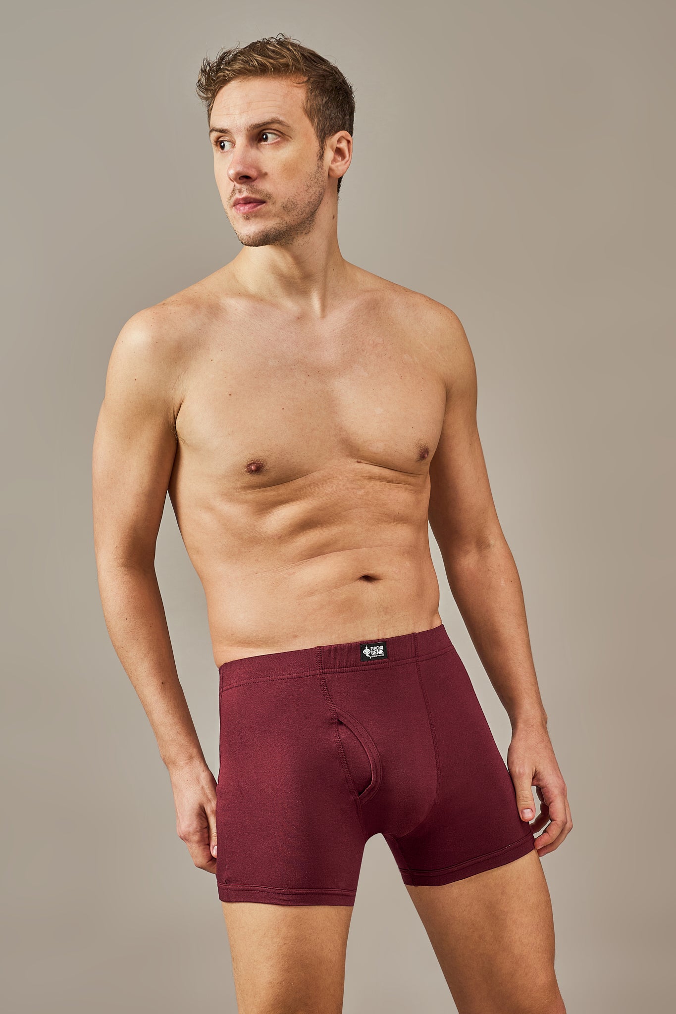 Macho Genie 100% cotton Burgundy Wine trunks from the All-Day Bliss collection, featuring a functional fly, concealed waistband, and slim fit for practical and comfortable daily wear.