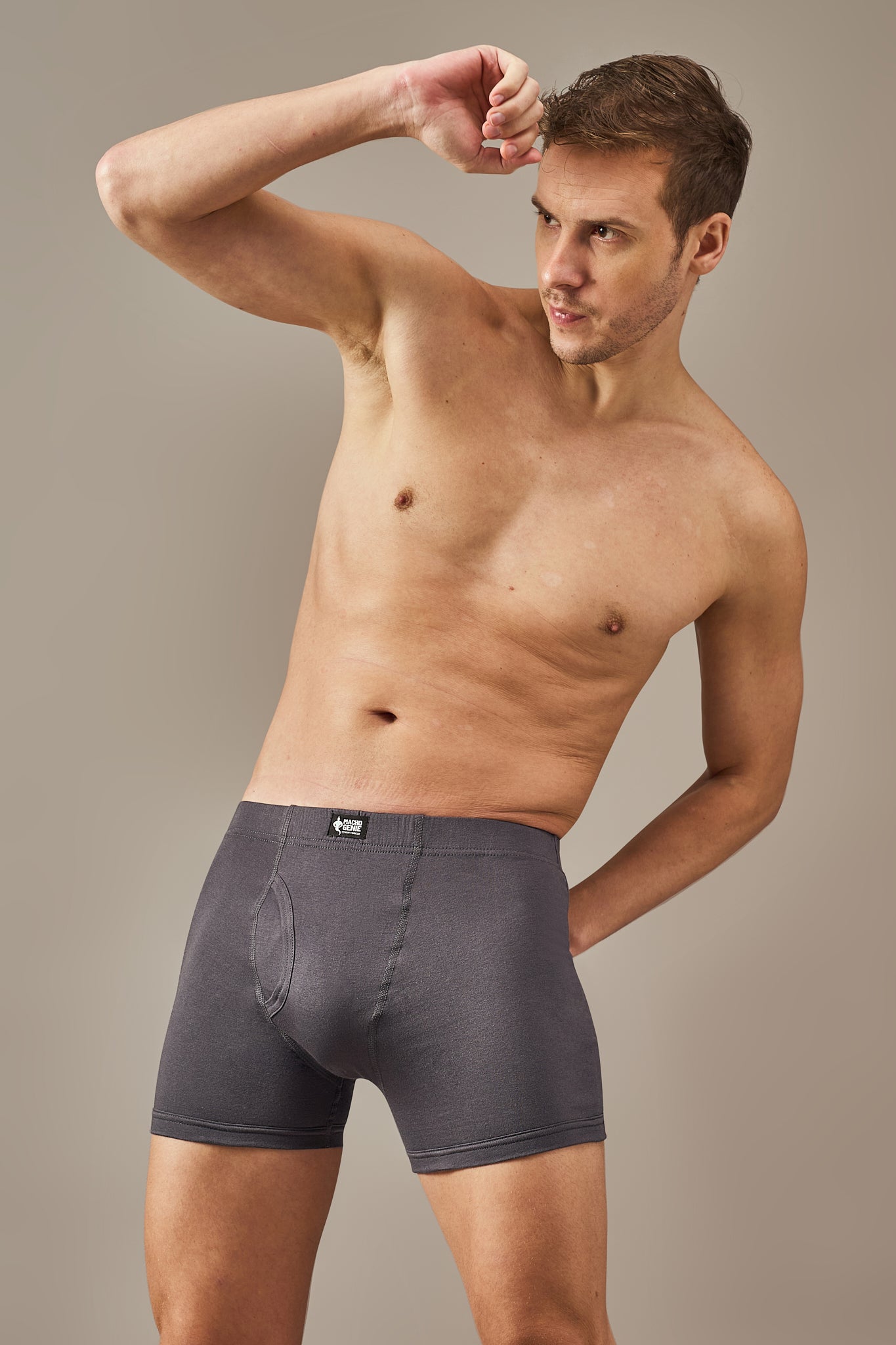 Macho Genie 100% cotton Slate Grey boxer trunks from the All-Day Bliss collection, featuring a no-tag design, soft breathable fabric, and slim fit for irritation-free everyday comfort.