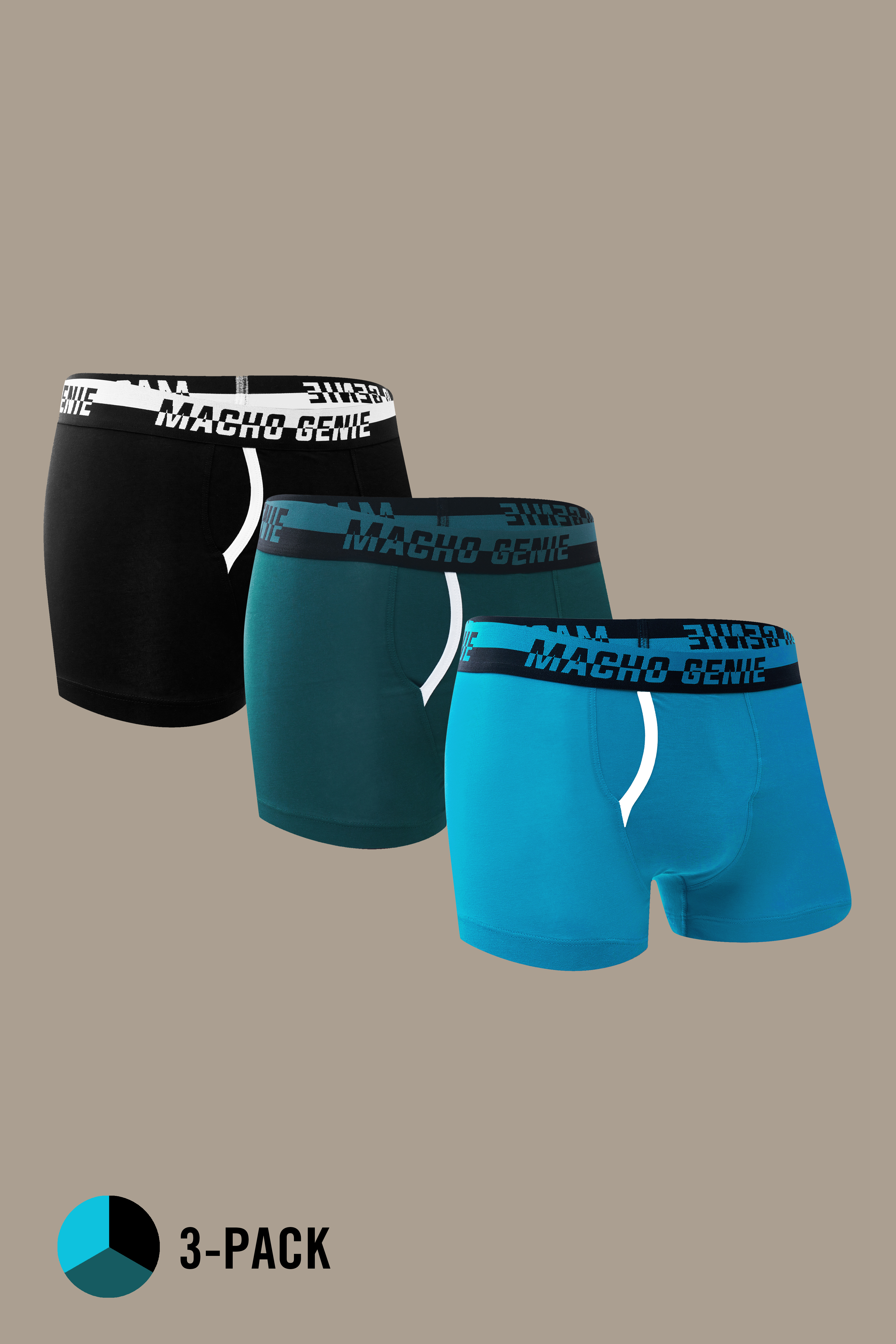 Macho Genie 100% cotton pure Supima boxer trunks 3-pack in black, green and blue with 3-inch inseam