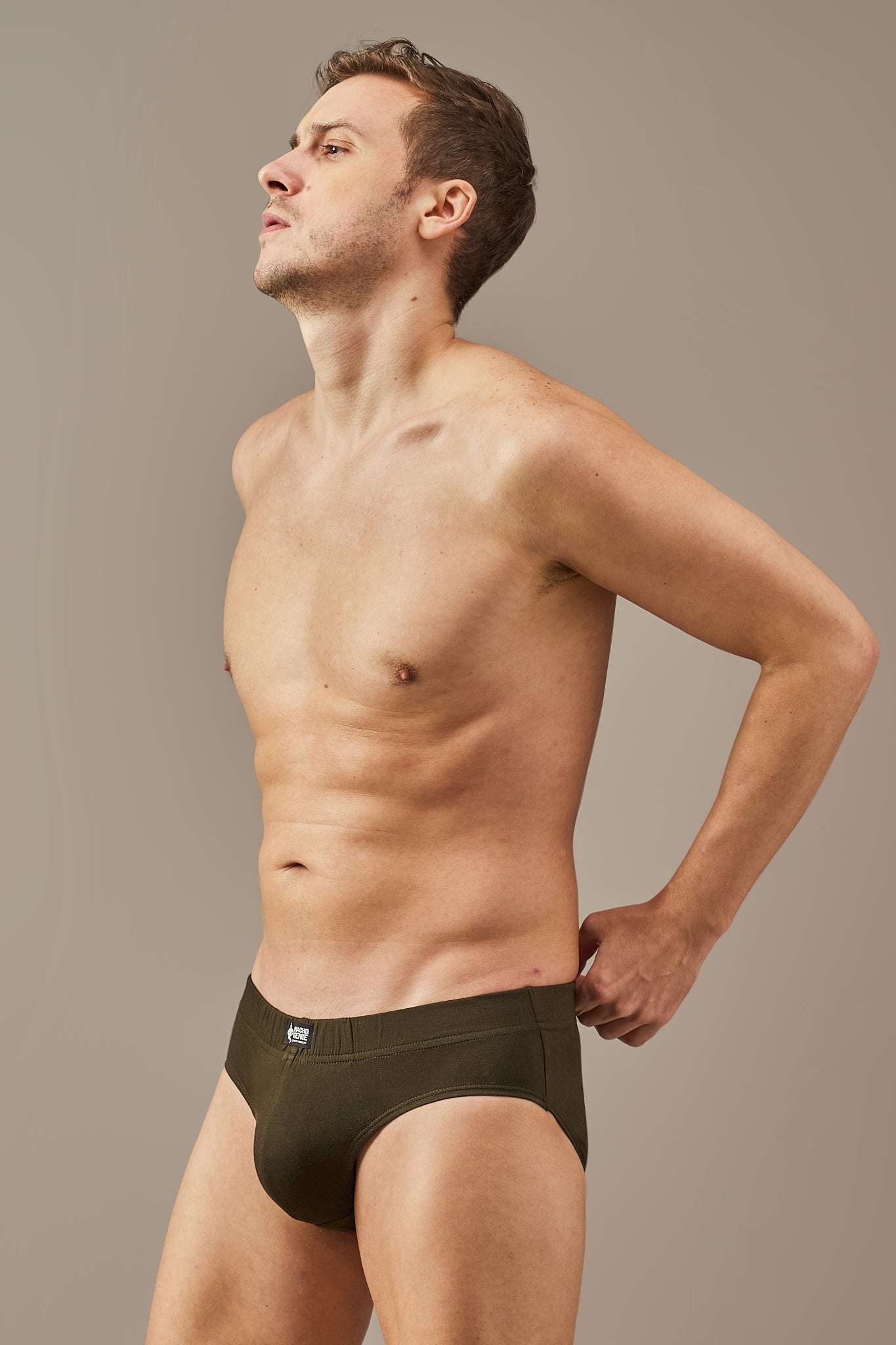 Macho Genie 100% cotton Sage Green Y-shaped briefs featuring a slim fit, concealed waistband, no-tag design, soft breathable fabric and full coverage cut for secure, non-chafing everyday comfort, All-Day Bliss.
