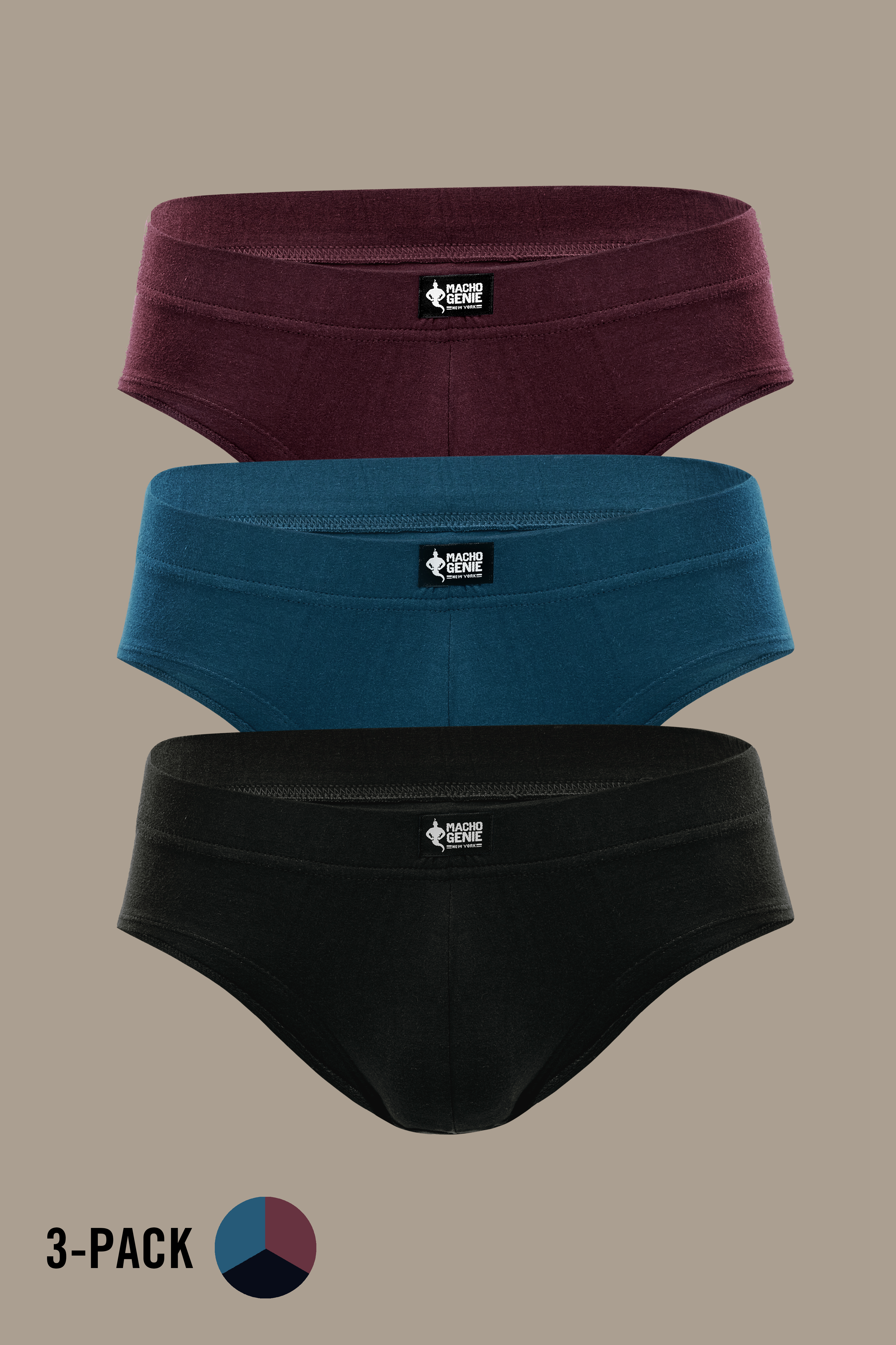 Macho Genie 100% cotton Y-shaped briefs 3-pack in Wine, Blue and Black, featuring soft breathable fabric, full coverage cuts and flexible waistbands for comfortable everyday wear, All-Day Bliss.