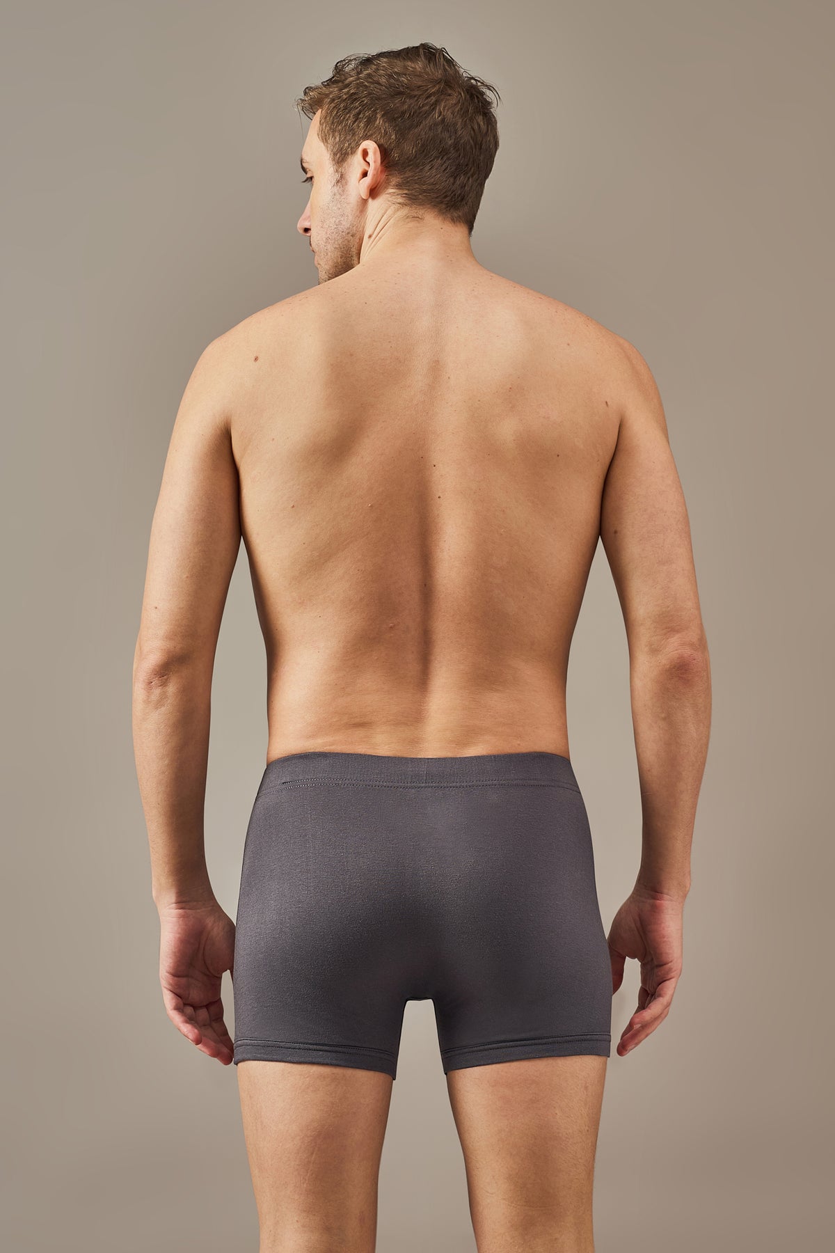 Macho Genie 100% cotton Slate Grey boxer trunks from the All-Day Bliss collection, designed with a functional fly, concealed waistband, no-tag comfort, and slim fit for everyday wear.