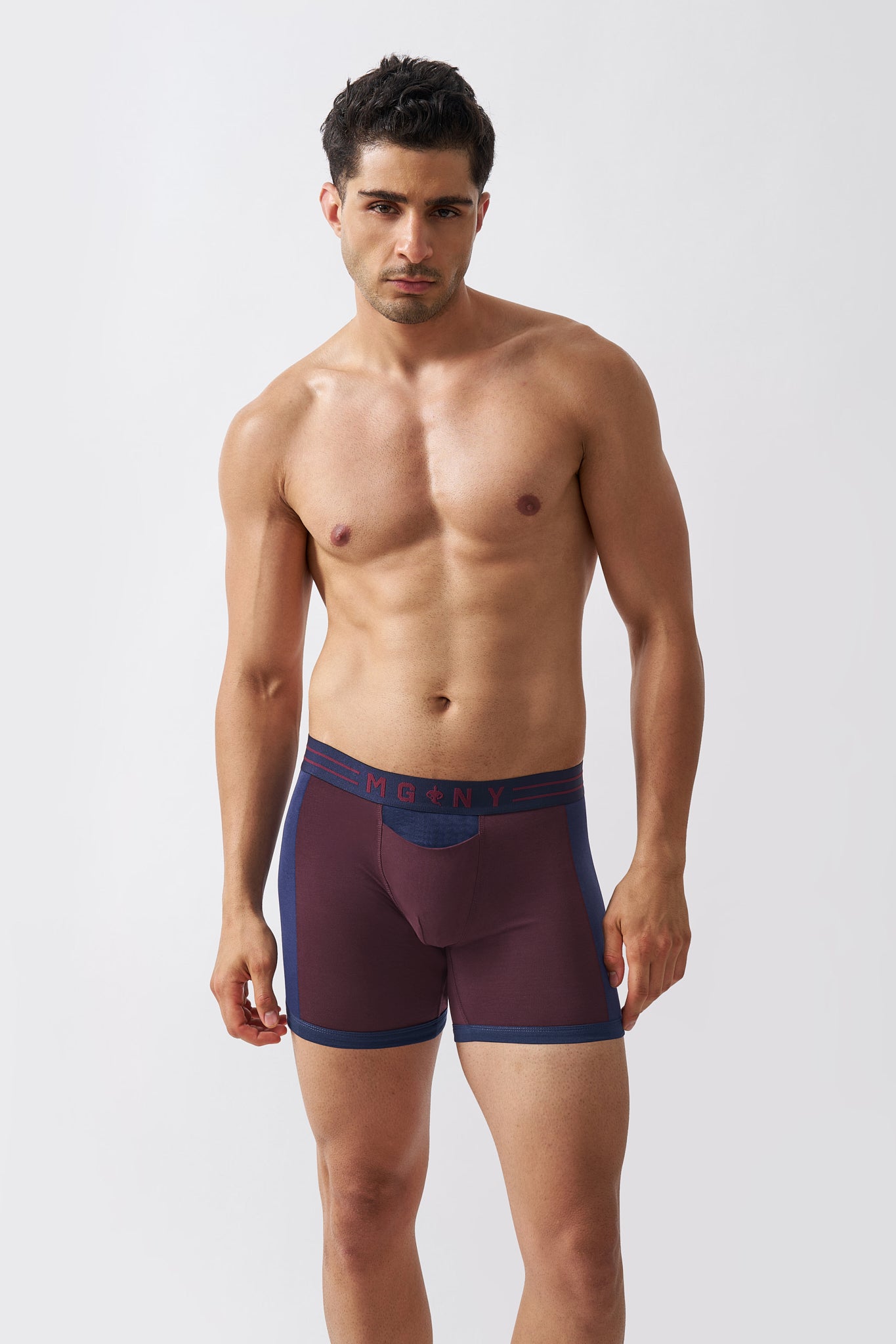 Macho Genie men's maroon boxer briefs with a supportive pouch and soft cotton stretch fabric