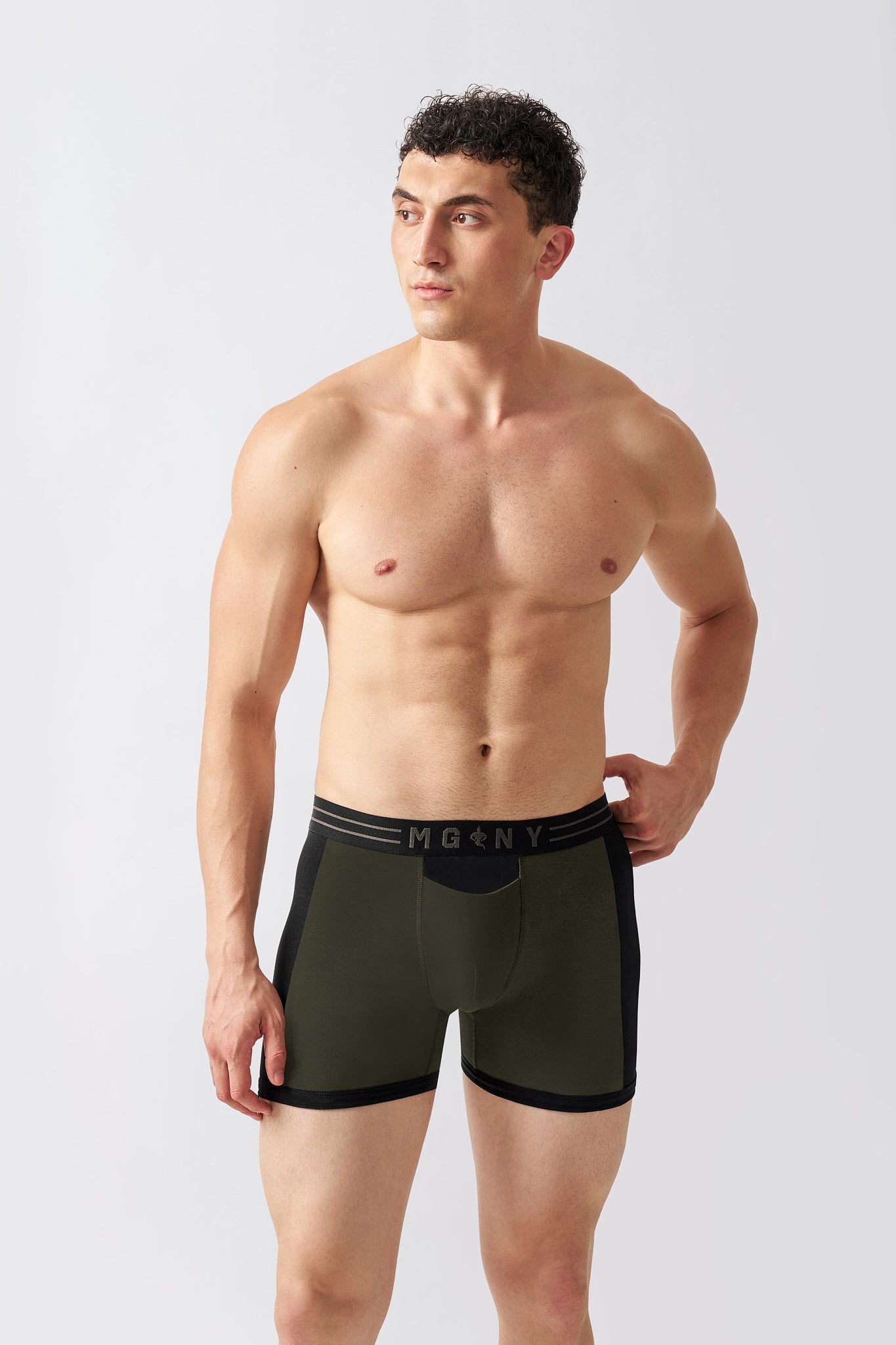 Macho Genie men's olive boxer briefs with a supportive pouch and comfortable cotton stretch fabric
