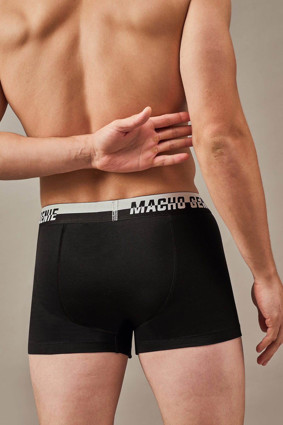 Macho Genie men's ink black boxer trunks with a comfortable 3-inch inseam, soft 100% cotton construction and secure no-ride-up design