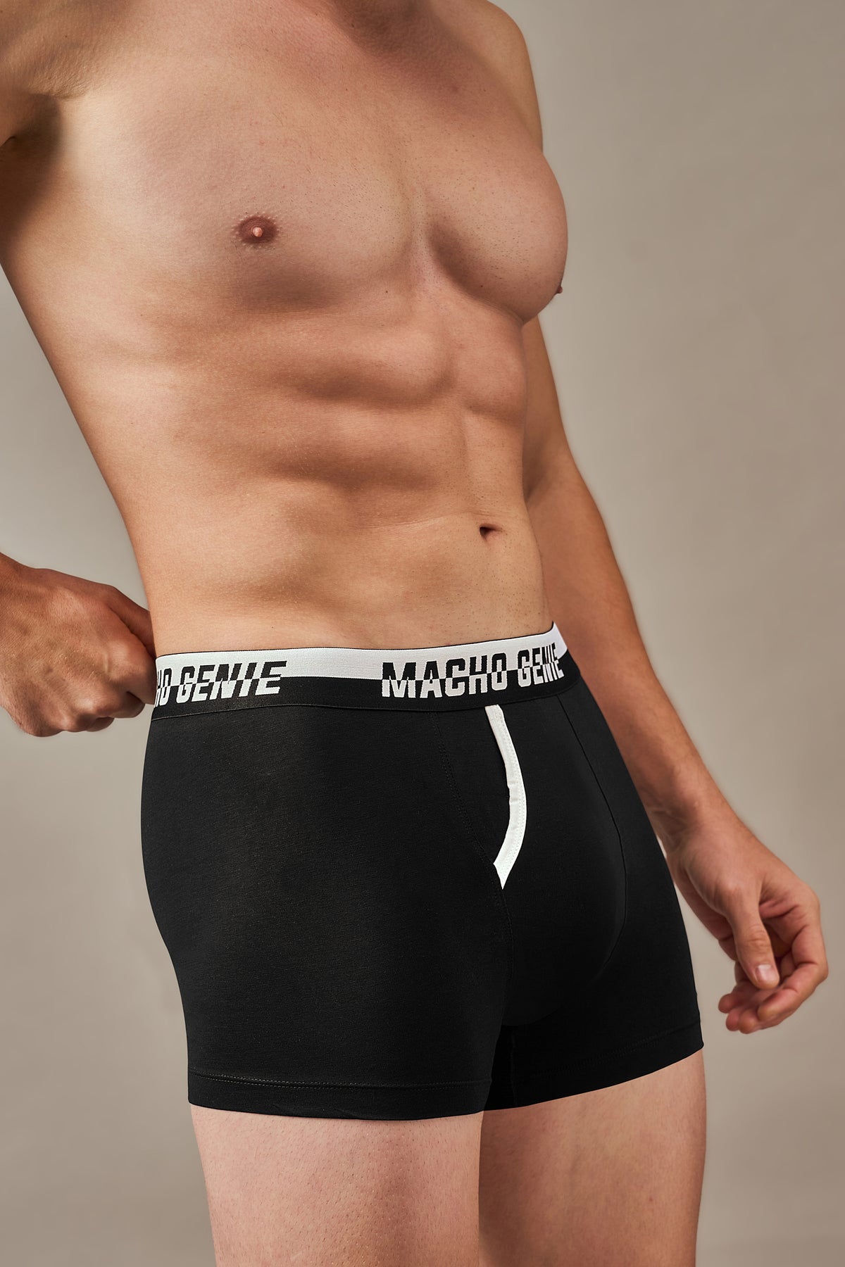Macho Genie ink black men's boxer briefs with a flexible waistband, pure Supima cotton fabric, functional fly and unrestricted movement