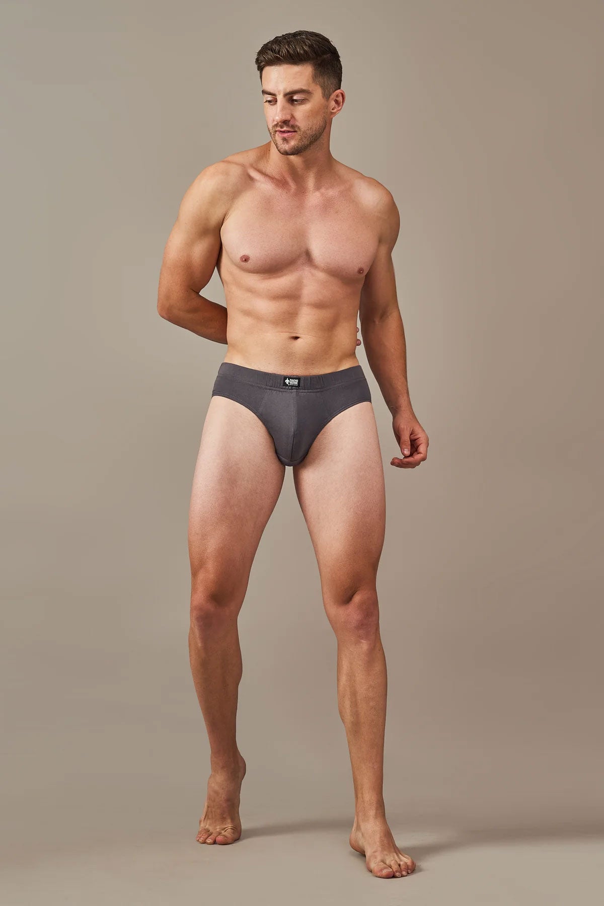 Full-body view of Macho Genie 100% cotton Y-shaped briefs in Slate Grey, featuring a supportive full coverage cut, breathable cotton fabric and flexible no-dig waistband for all-day comfort.