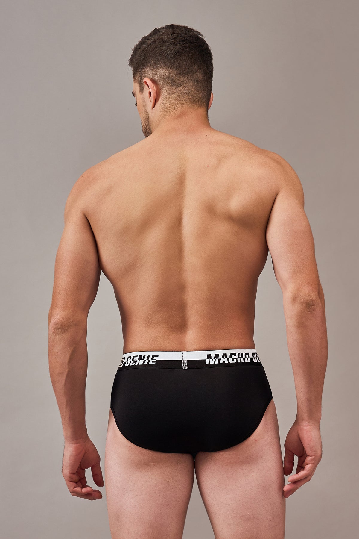 Macho Genie black Supima cotton briefs designed with a Y-shaped front, functional fly and secure stay-in-place construction