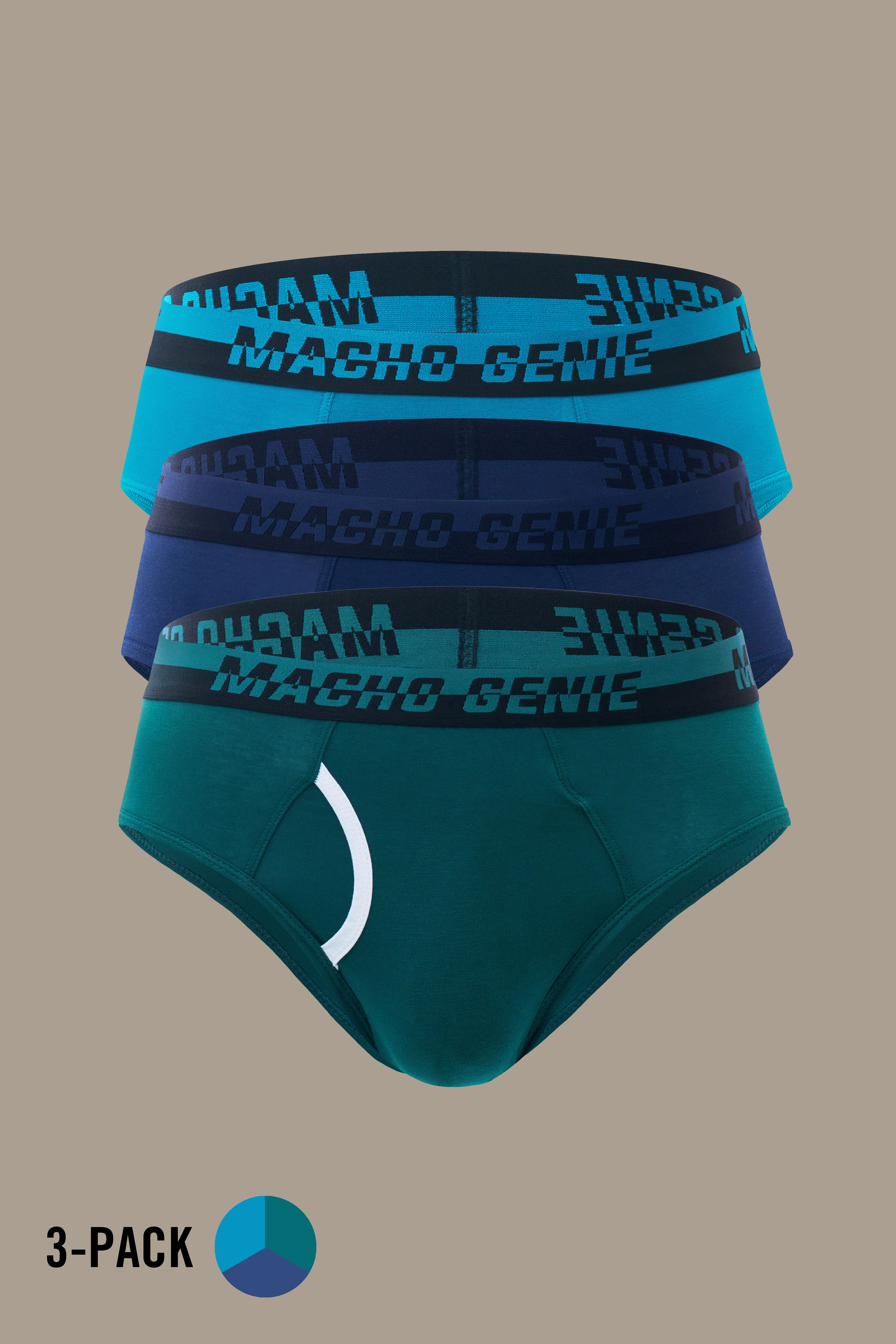 Macho Genie men's Y-shaped briefs 3-pack in blue, navy and green, made from 100% pure Supima cotton with a comfortable full-coverage fit and soft flexible waistband