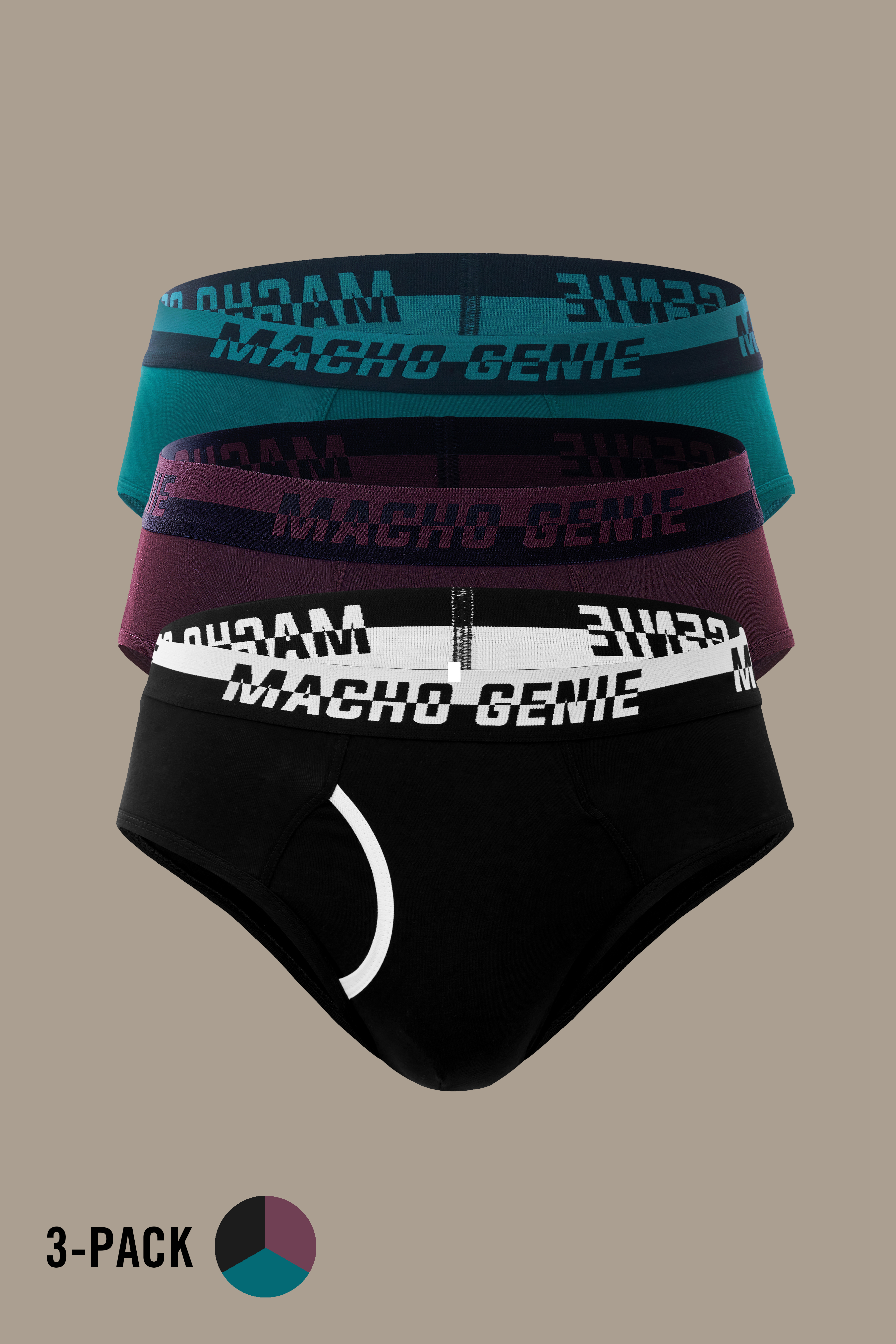 Macho Genie men's Y-shaped cotton briefs 3-pack in green, wine and black, crafted from 100% pure Supima cotton with a soft feel, functional fly and comfortable full-coverage fit