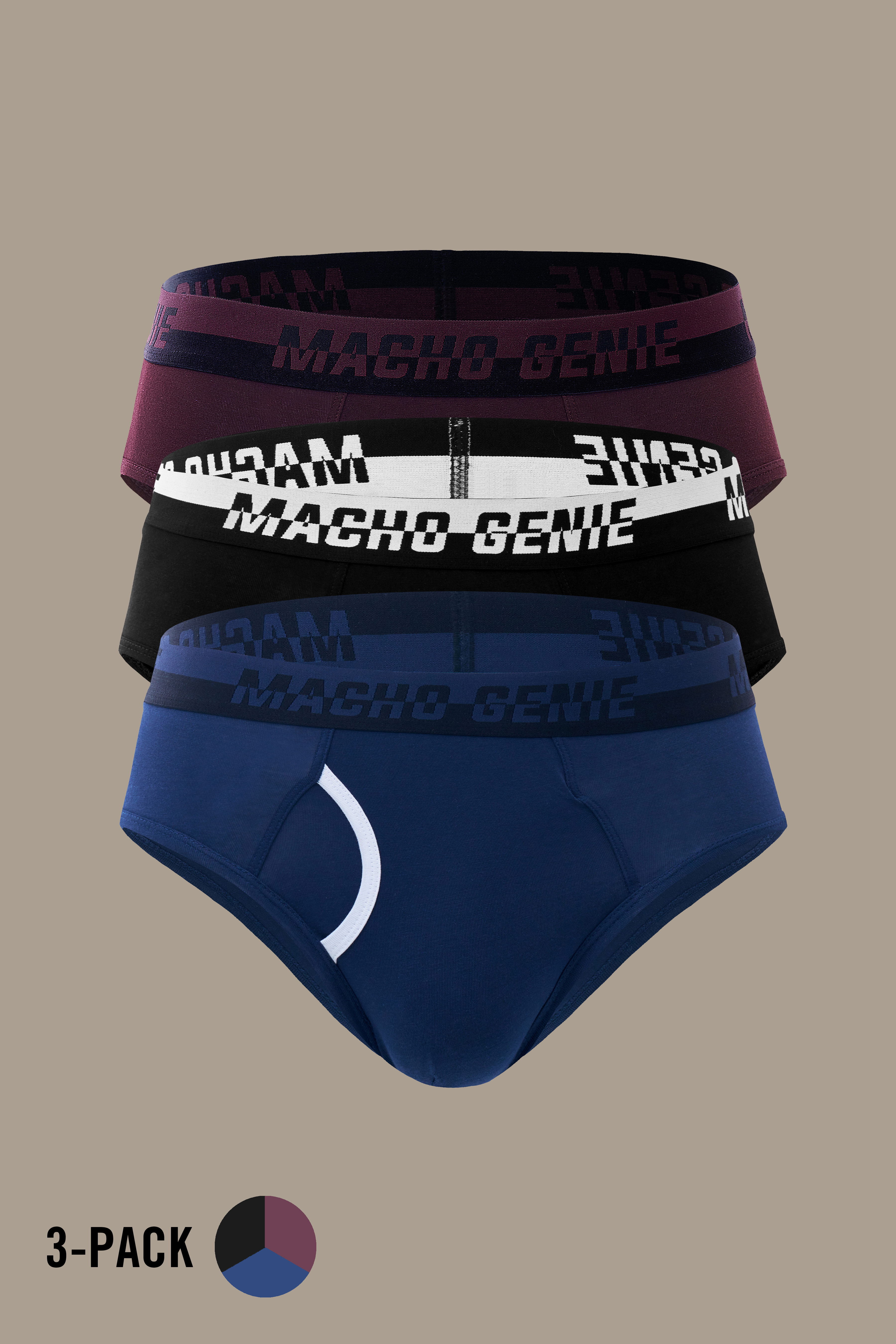 Macho Genie men's Y-shaped cotton briefs 3-pack in wine, black and navy, made from 100% pure Supima cotton with a functional fly, soft feel and comfortable full-coverage fit