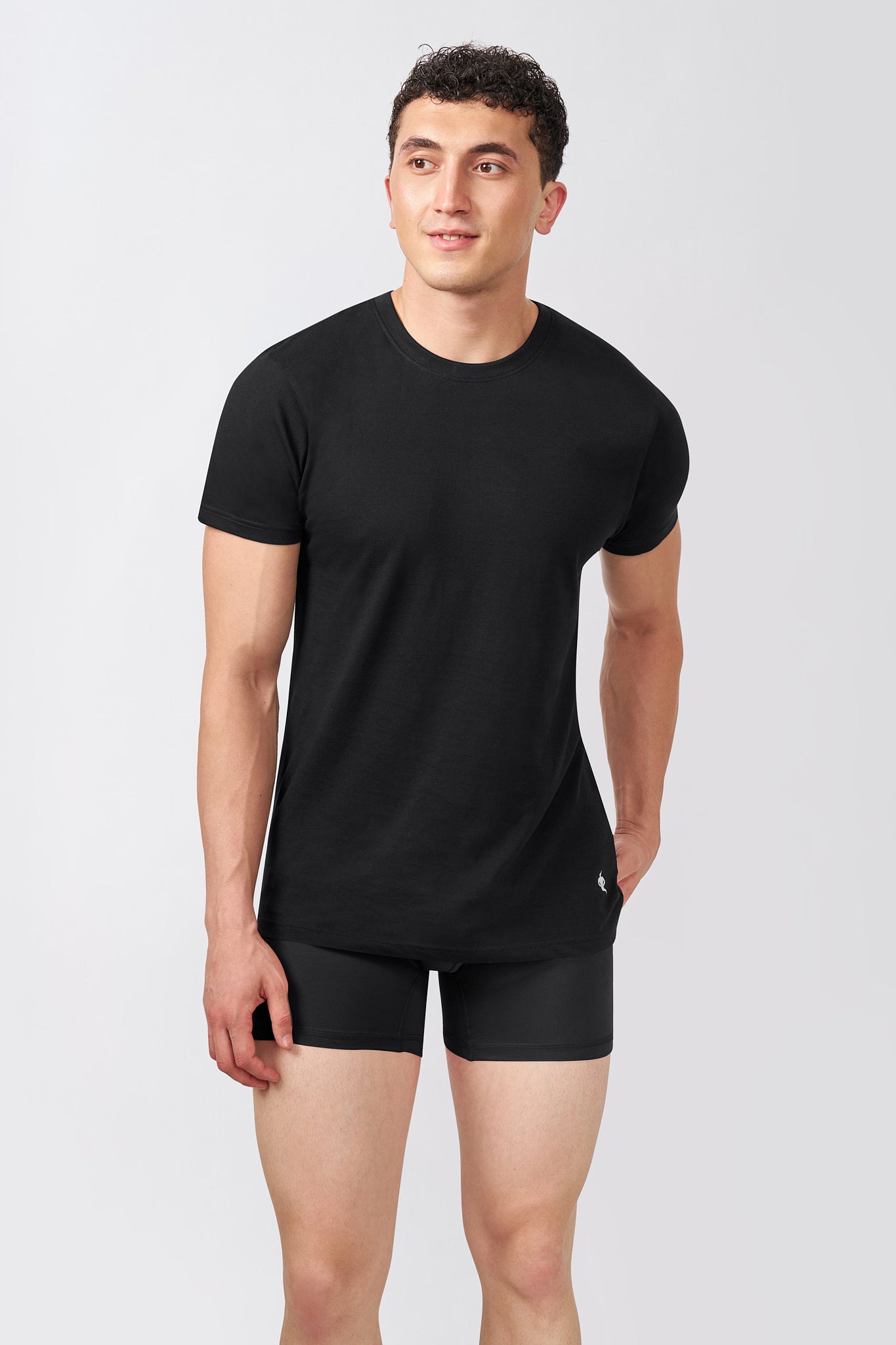Macho Genie AeroCot Base+ men's black round neck undershirt with short sleeves and a clean comfortable fit for everyday wear