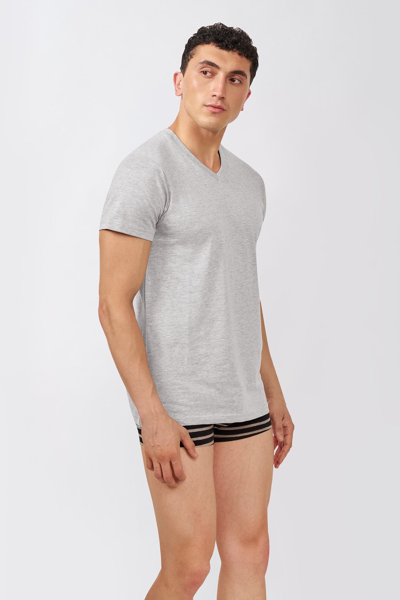 Macho Genie AeroCot Base+ men's gray V-Neck undershirt with an engineered neckline designed to stay discreet under lower-neck and open-collar shirts