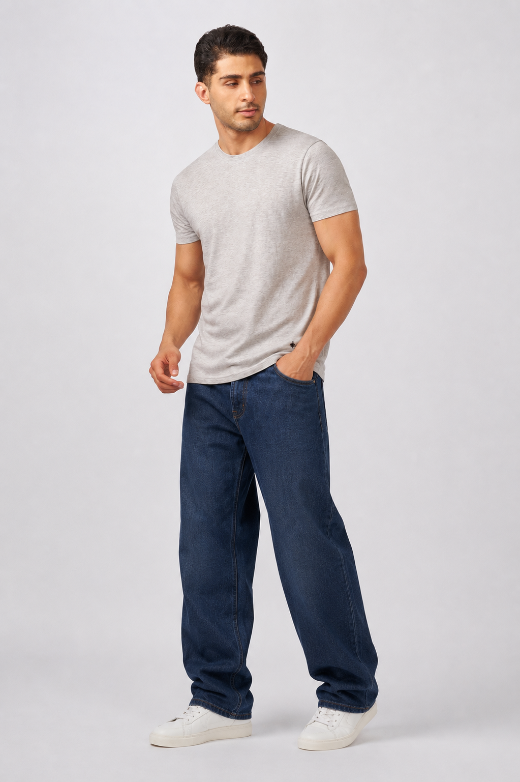 Macho Genie AeroCot Base+ men's grey round neck undershirt paired with jeans and sneakers for versatile casual lounge wear