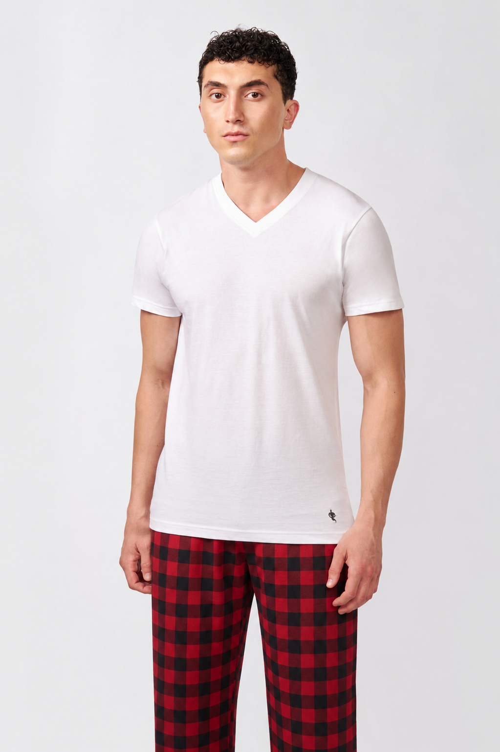 Macho Genie AeroCot Base+ white V-Neck undershirt styled with casual checkered bottoms