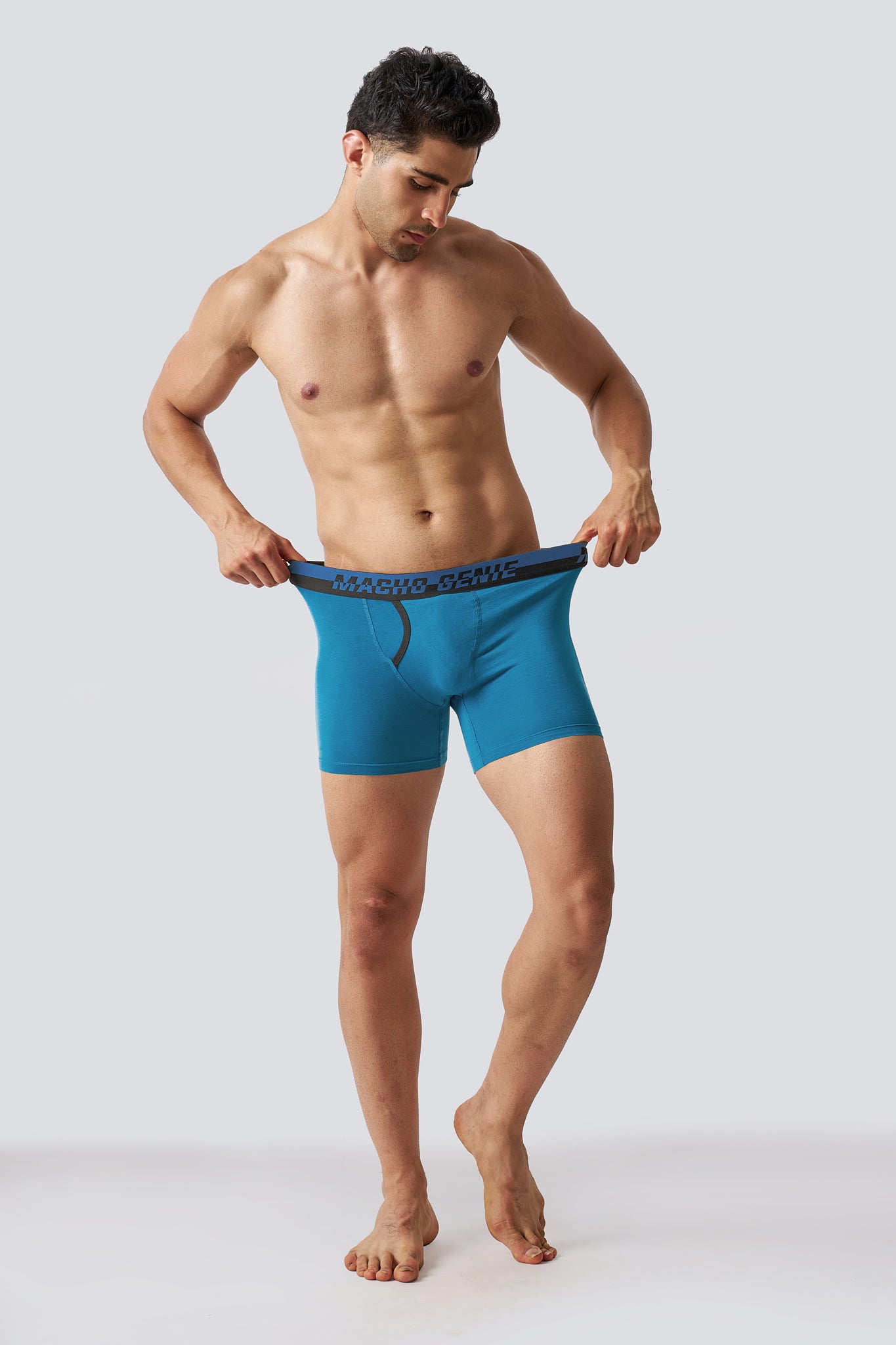 Macho Genie Blue Supima Blend boxer briefs shown in a full-length view with extended coverage and a close comfortable fit