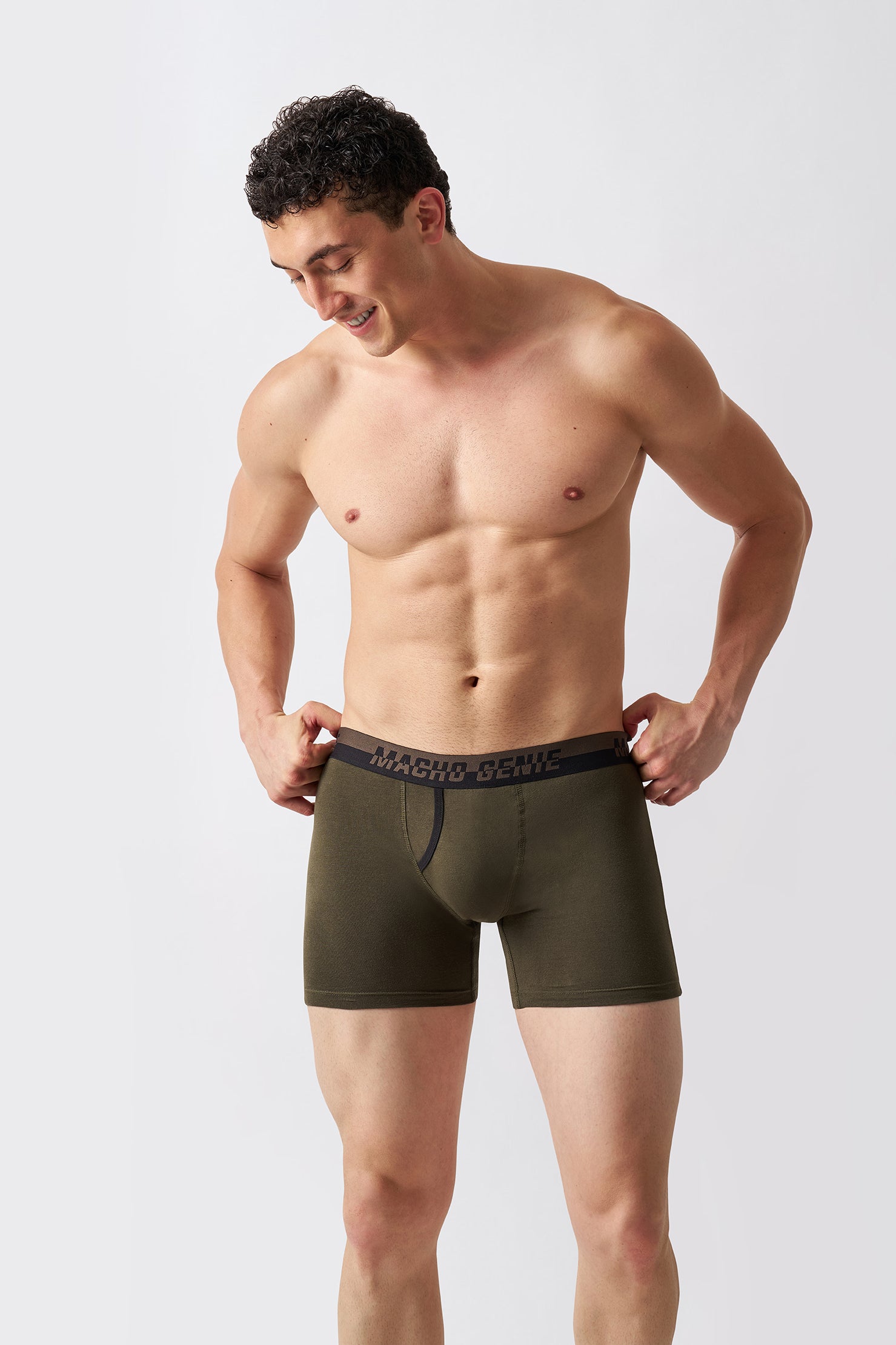 Macho Genie Green Supima cotton boxer briefs shown from the front with a stretch fit and smooth elastic waistband