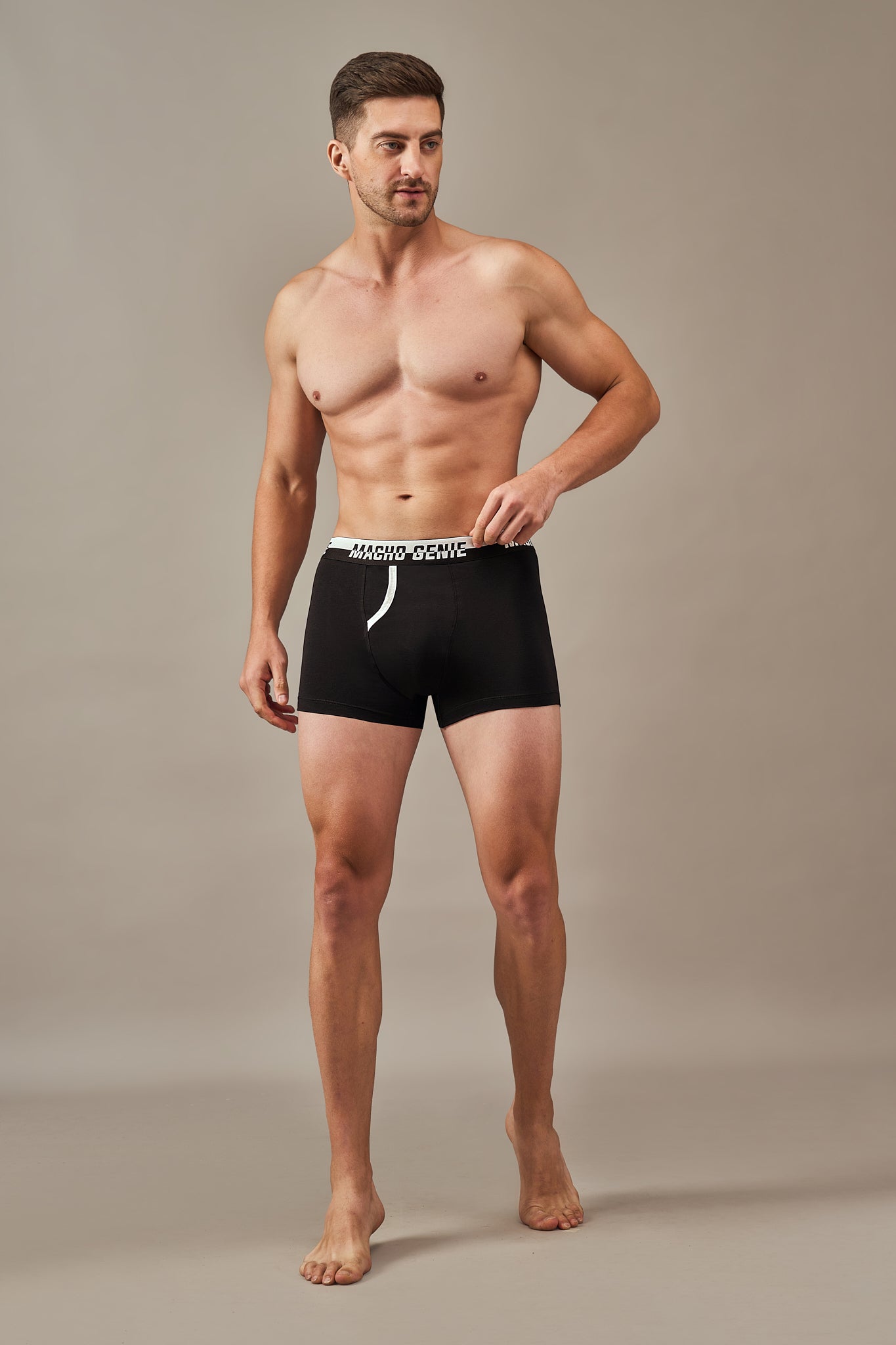 Macho Genie black boxer trunks in pure Supima 100% cotton with functional fly and a comfortable 3-inch inseam