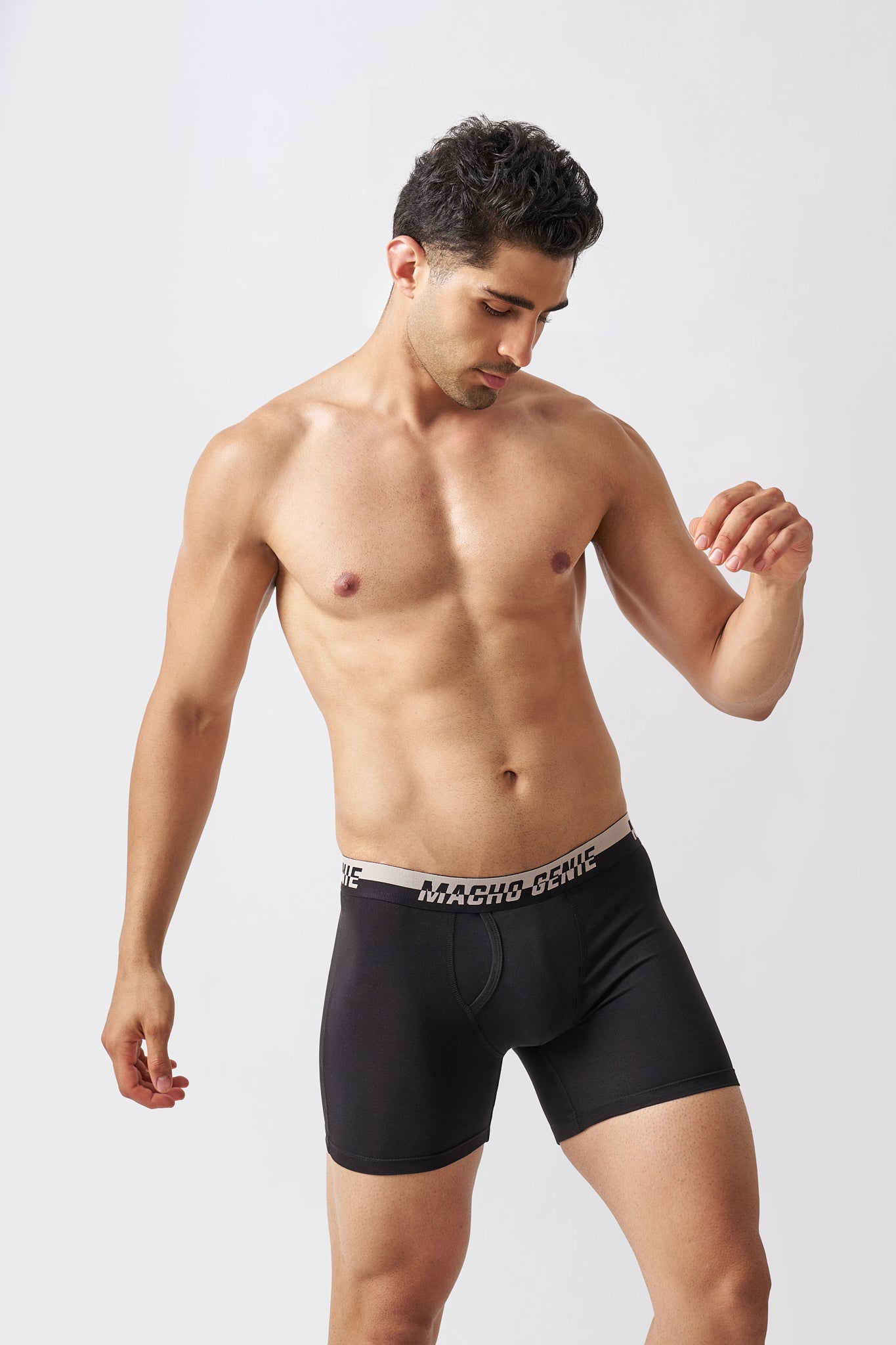 Macho Genie Black Supima Blend boxer briefs showing flexible stretch, supportive construction and a flat elastic waistband