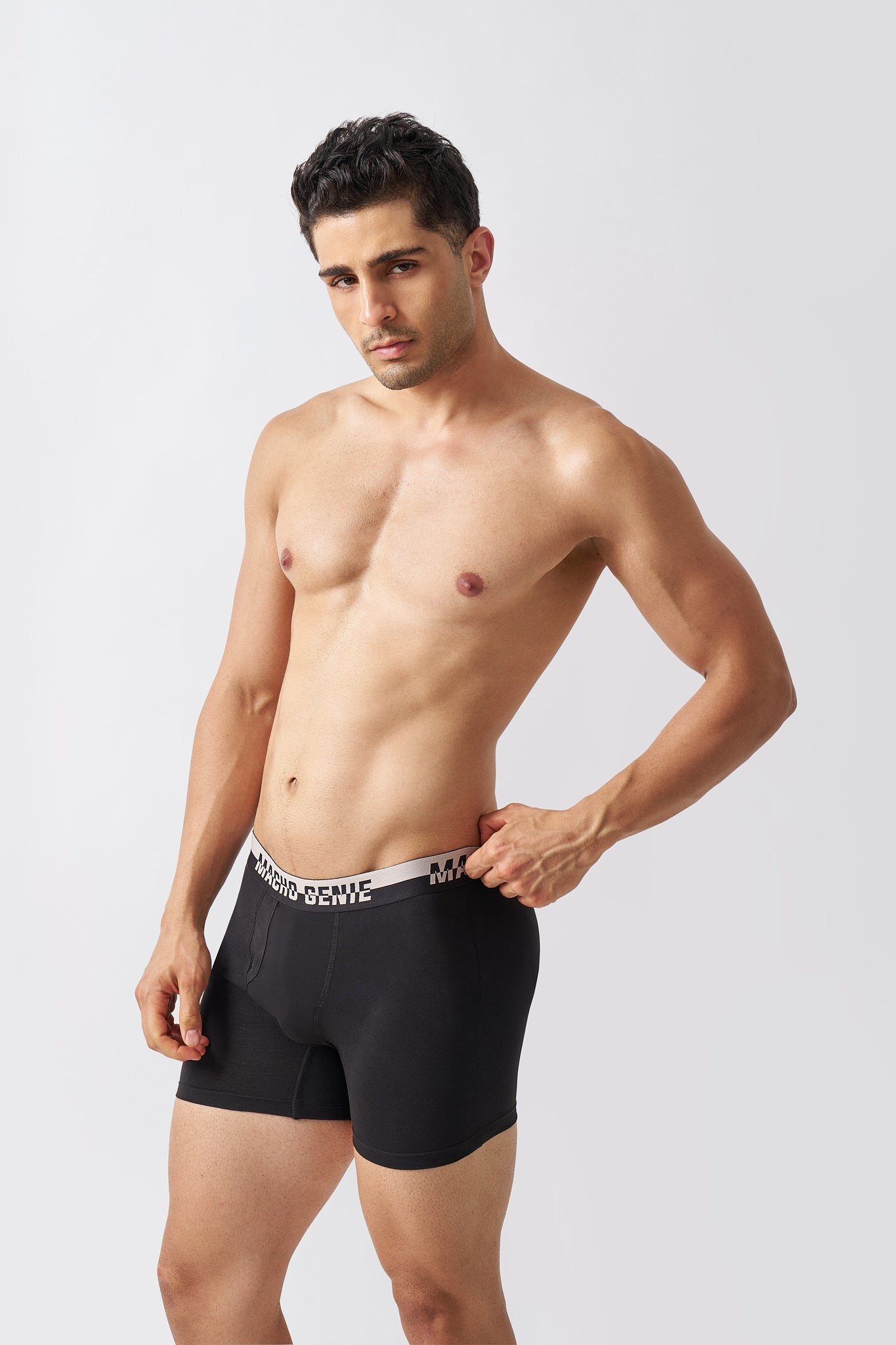Macho Genie Black Supima cotton boxer briefs with stretch fit, functional front fly and smooth elastic waistband