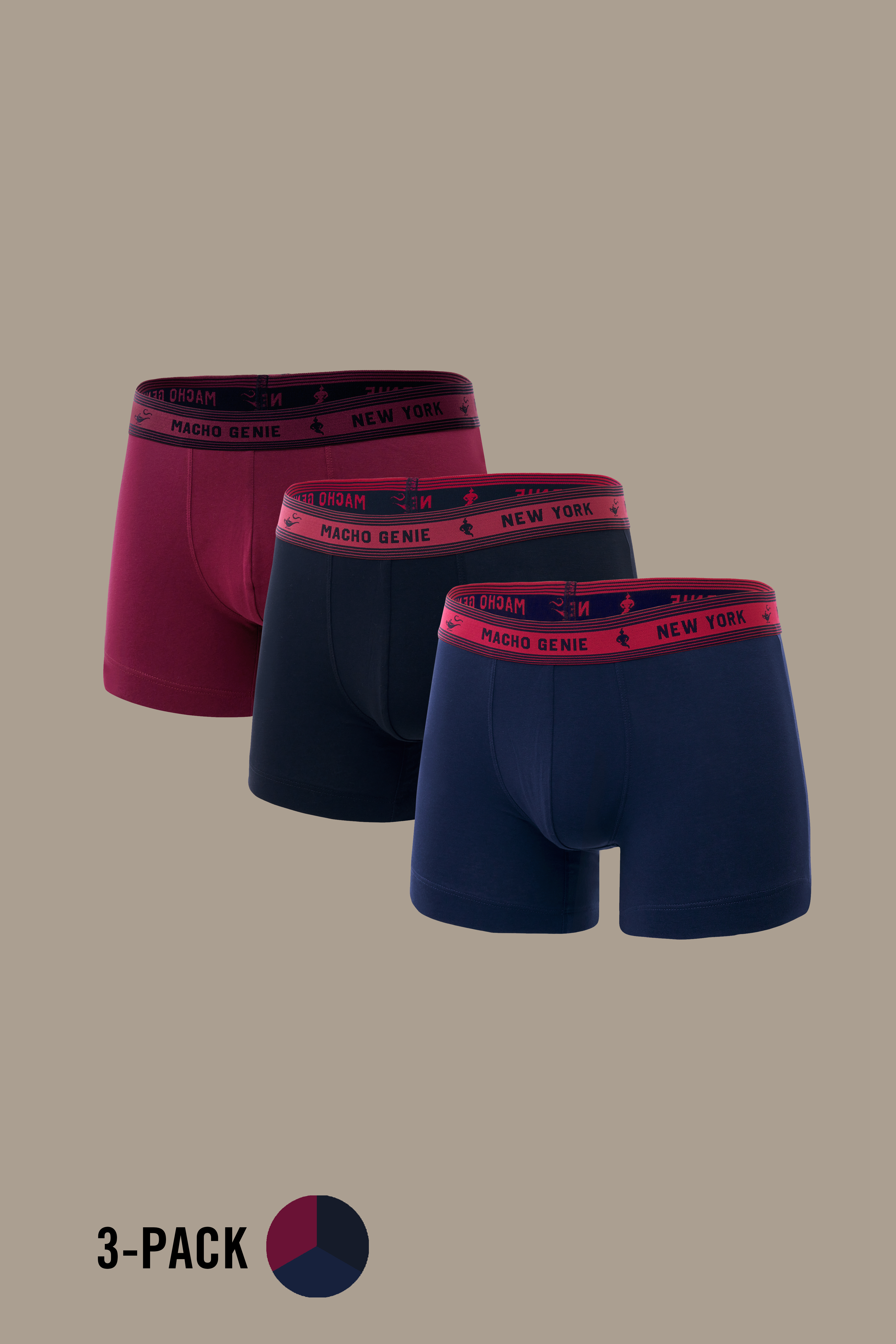 Macho Genie Bold Impressions men's cotton trunks 3-pack in Burgundy, Black and Navy, featuring 3-inch inseams, contoured pouches, and supportive stretch waistbands