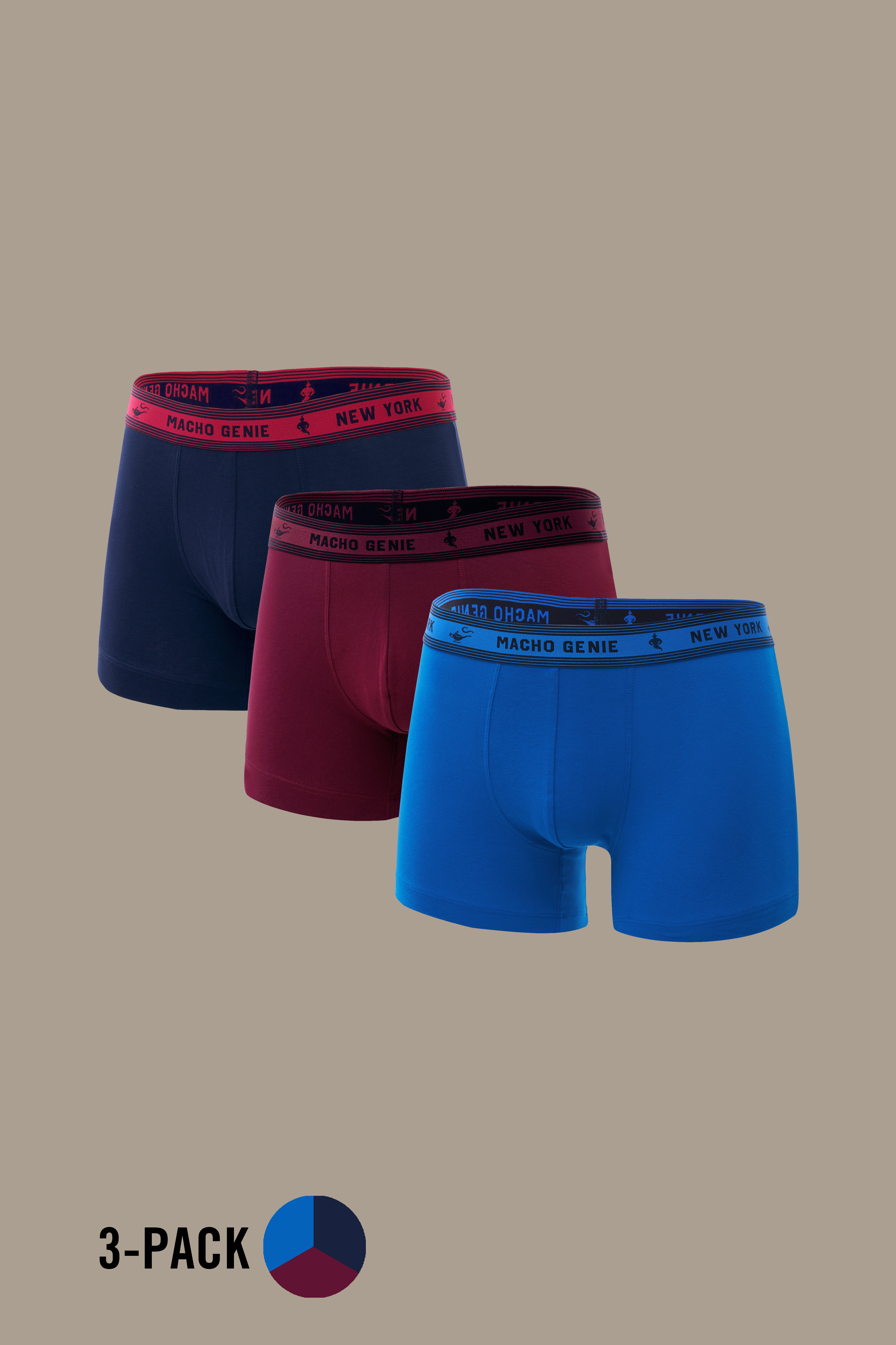 Macho Genie Bold Impressions men's cotton trunks 3-pack in Navy, Burgundy, and Blue, featuring 3-inch inseams, contoured pouches, and comfortable stretch waistbands