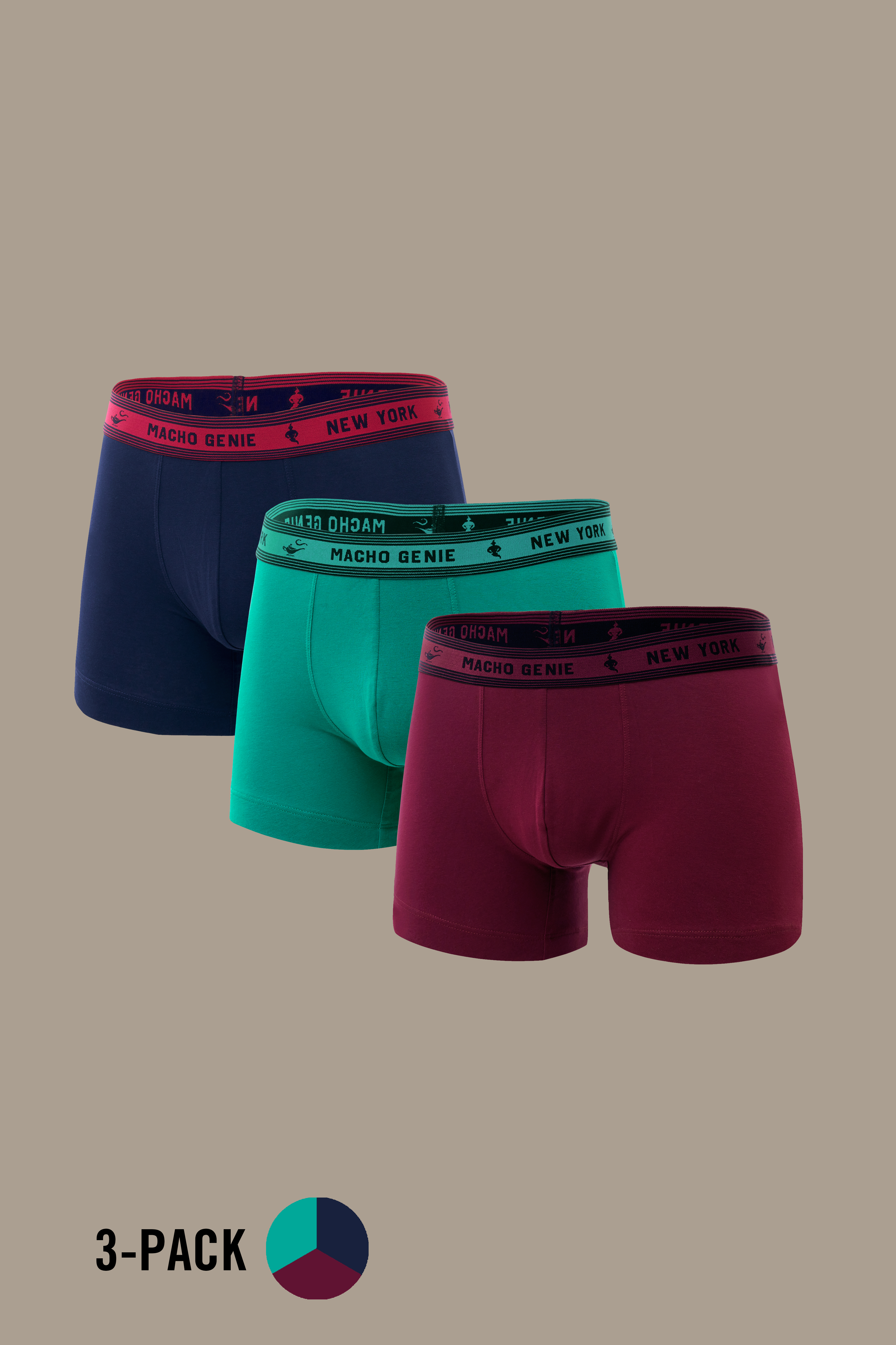 Macho Genie Bold Impressions men's cotton trunks 3-pack in Navy, Green, and Burgundy, featuring 3-inch inseams, contoured pouches, and supportive stretch waistbands