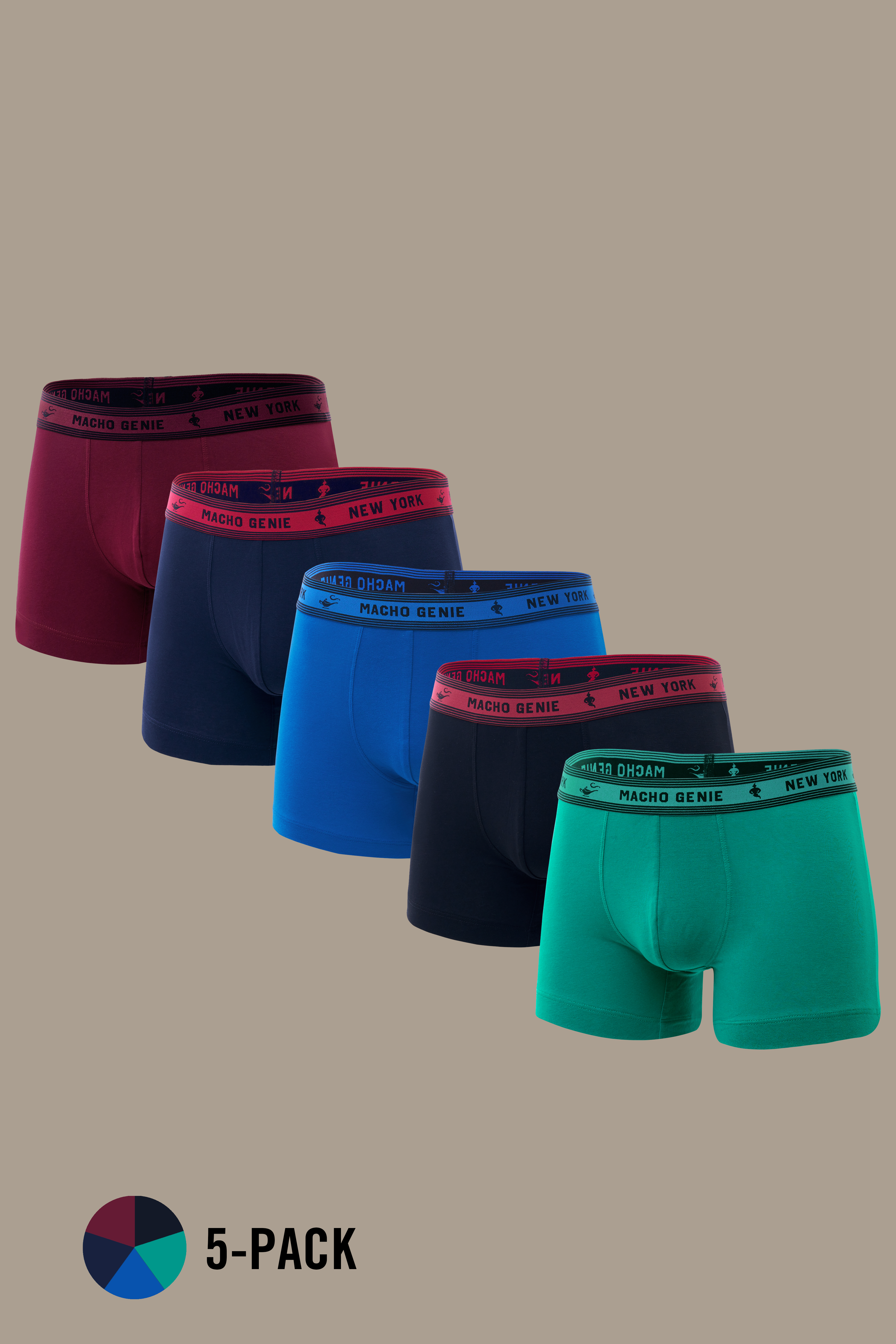 Macho Genie Bold Impressions men's cotton trunks 5-pack in Burgundy, Navy, Blue, Black, and Green, featuring 3-inch inseams, supportive pouches, and flexible branded waistbands