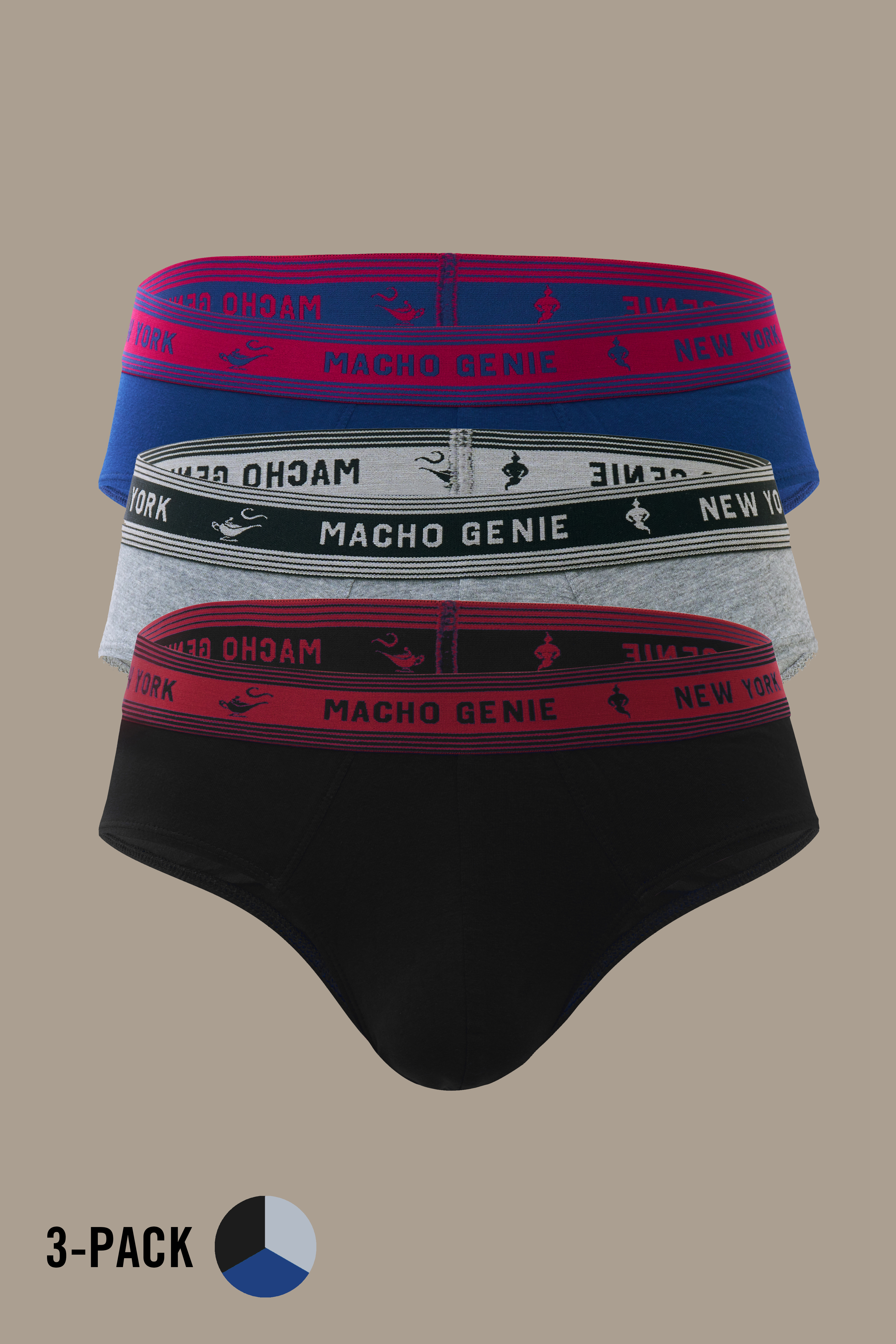 Macho Genie Bold Impressions men's Y-shaped cotton briefs 3-pack in Navy, Grey, and Black, showcasing full-coverage construction, contoured pouches, and contrasting signature waistbands