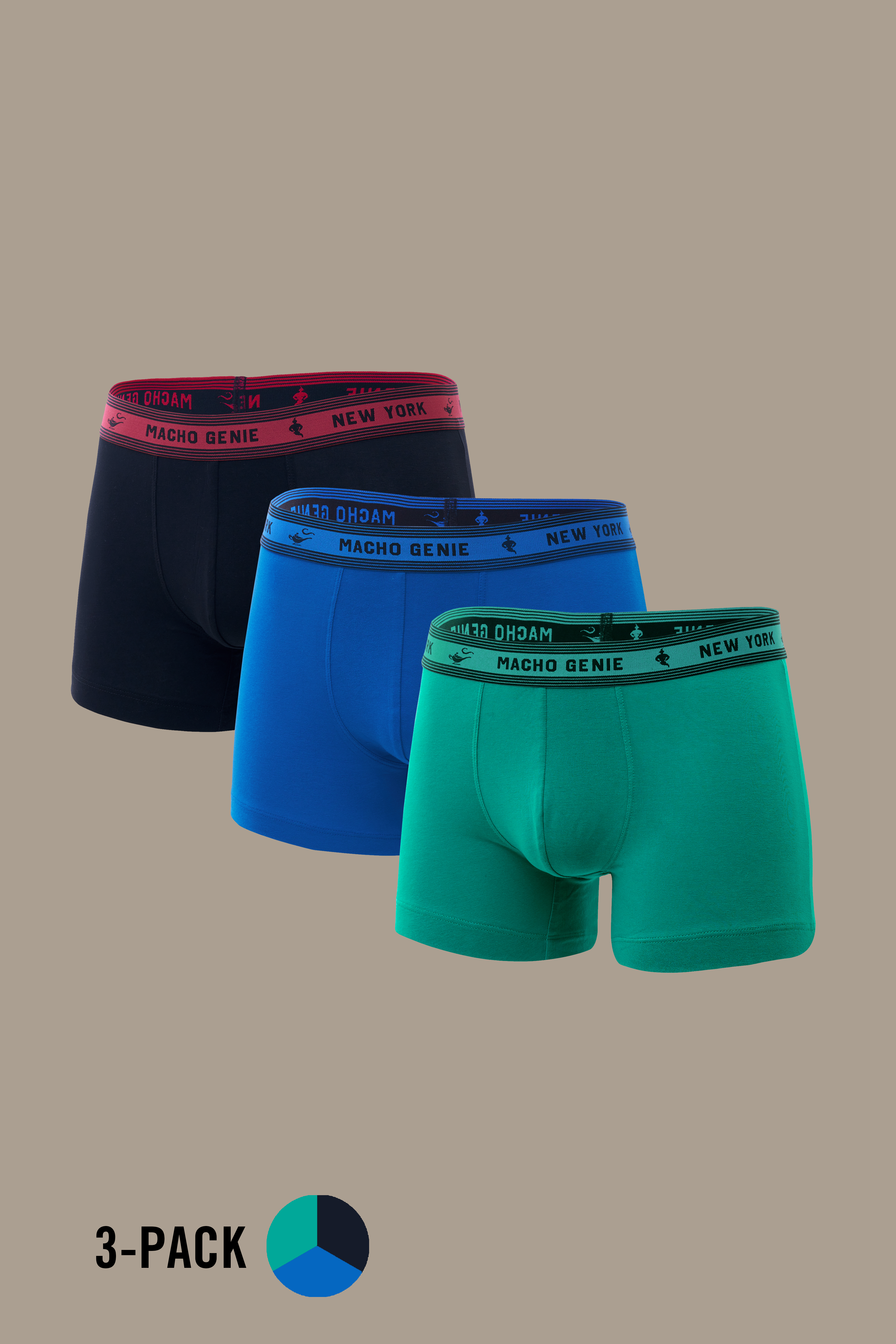 Macho Genie Bold Impressions men's Y-shaped cotton briefs 3-pack featuring Black, Blue, and Green colors with supportive pouches and flexible branded waistbands