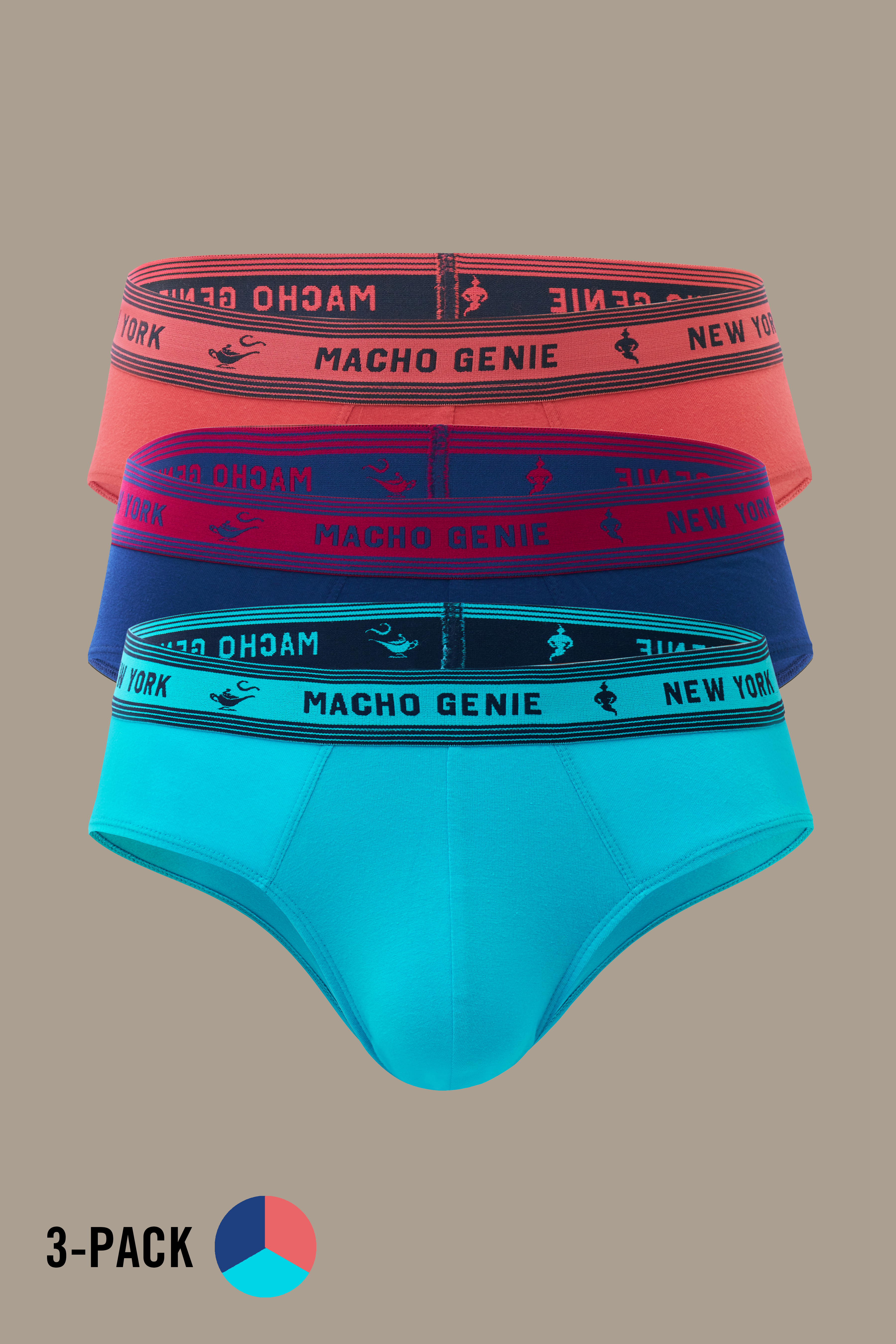 Macho Genie Bold Impressions men's Y-shaped cotton briefs 3-pack featuring Red, Navy, and Blue colorways, with contoured pouches and signature stretch waistbands