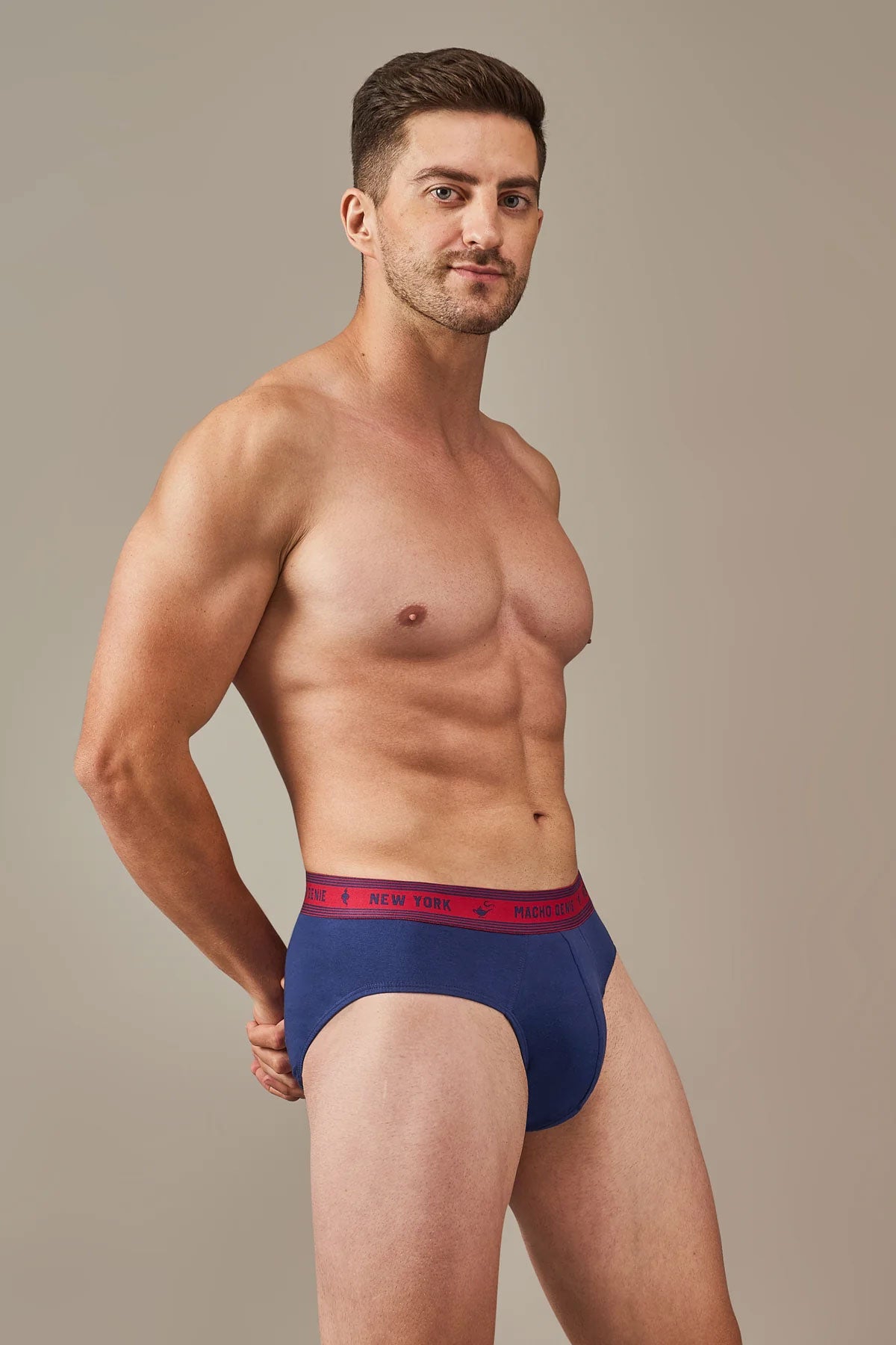 Macho Genie Bold Impressions men's Y-shaped cotton briefs in Midnight Navy shown from a close-up angle, featuring a supportive contoured pouch and stretch waistband
