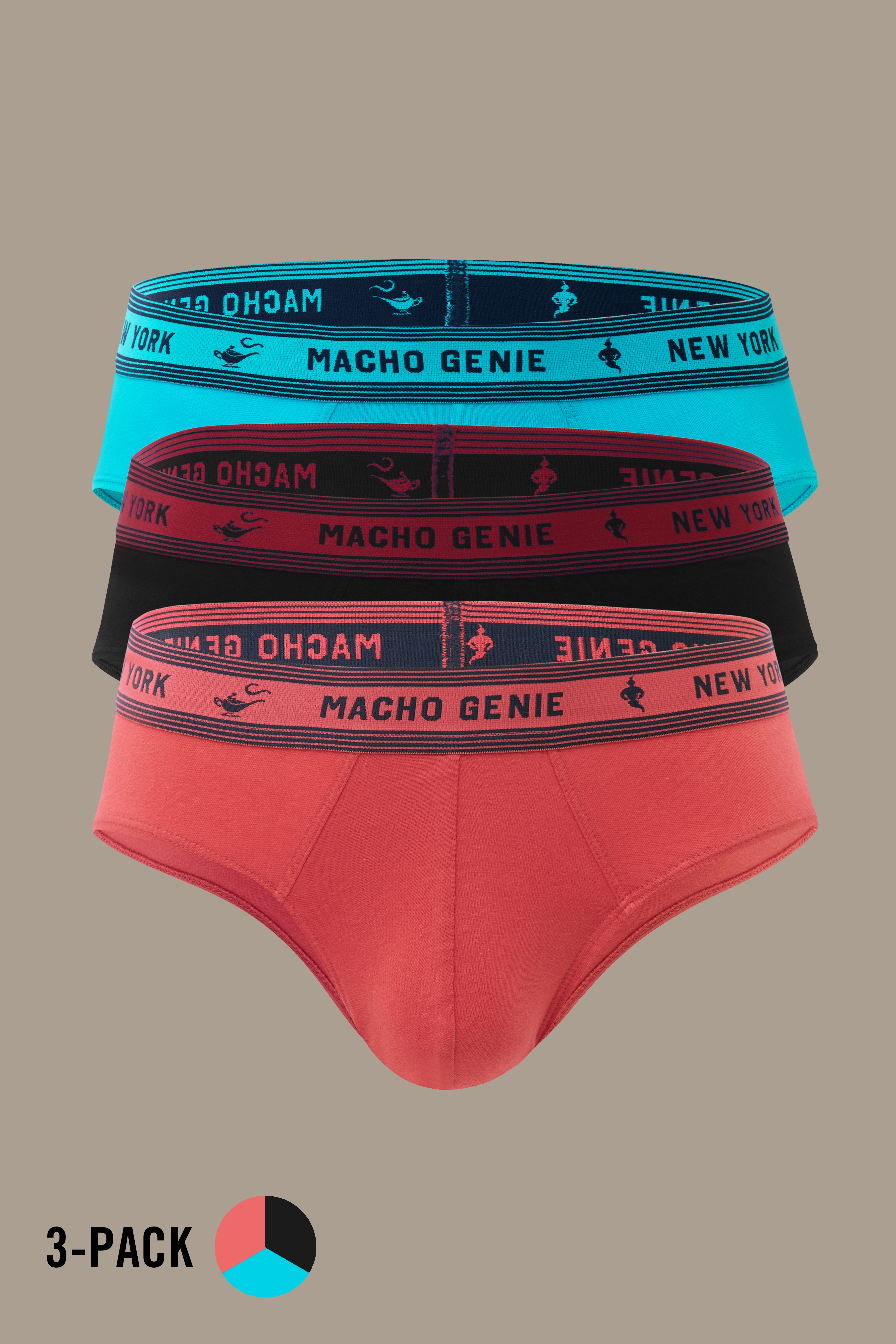 Macho Genie Bold Impressions men's 3-pack of Y-shaped cotton briefs in blue, black, and red, arranged together to showcase the different color options and branded waistbands