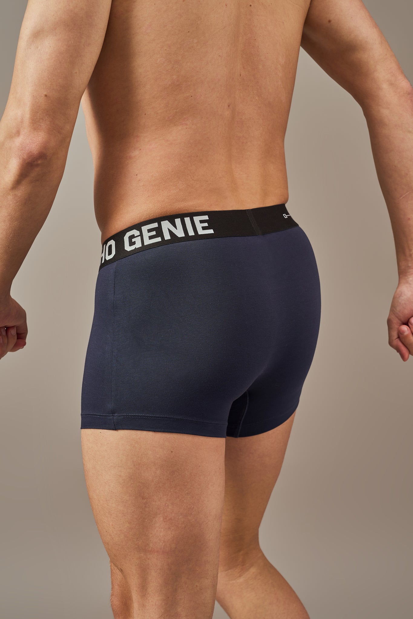 Macho Genie Deep Navy modal trunks shown from the back, featuring premium ultra soft bio washed fabric, smooth coverage and a flexible waistband for a comfortable stay-in-place fit.