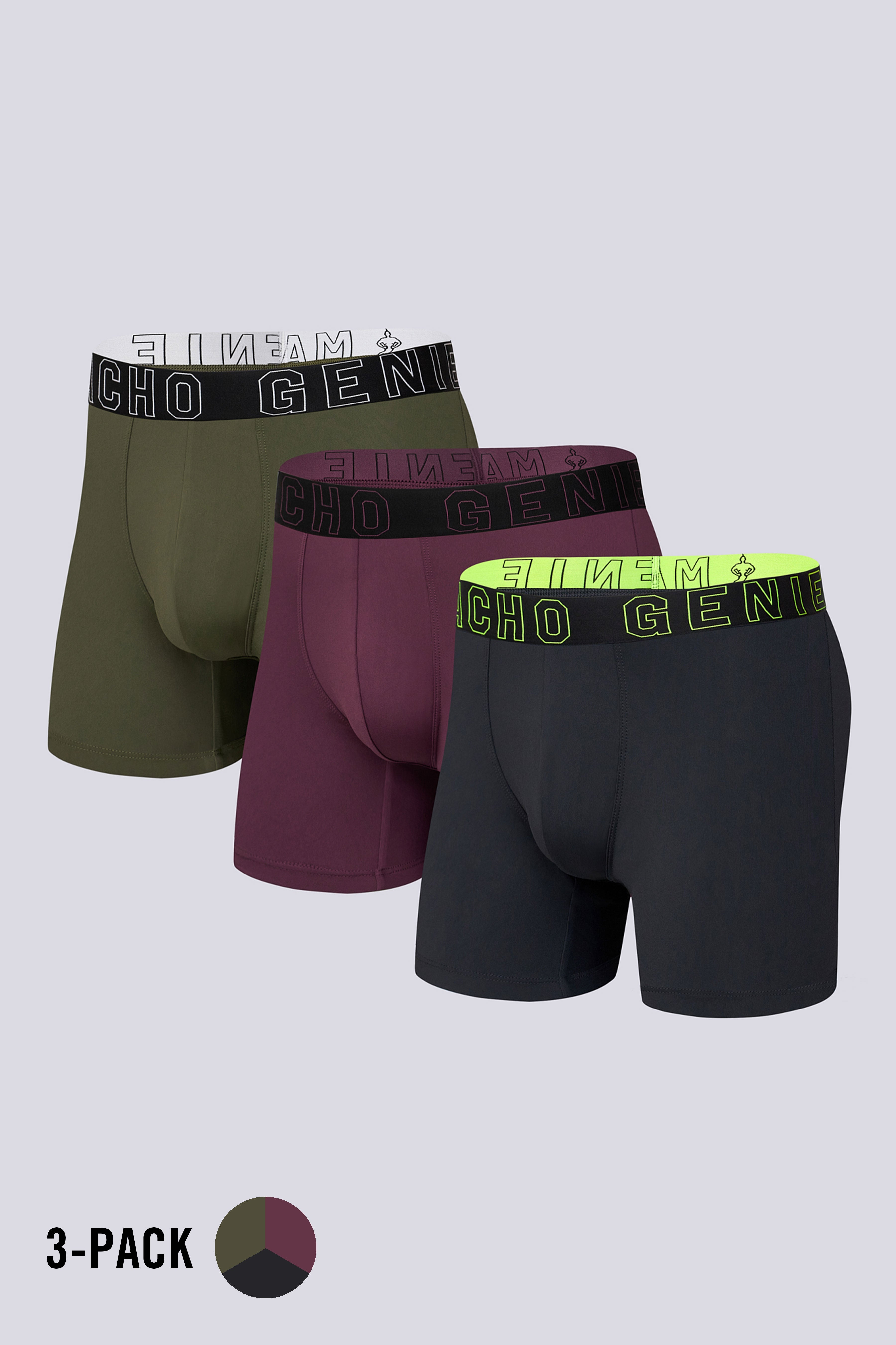 Macho Genie Evercore Performance Compression Trunks 3-Pack in green, wine and black, featuring moisture-wicking performance fabric, stretch construction and a flexible waistband