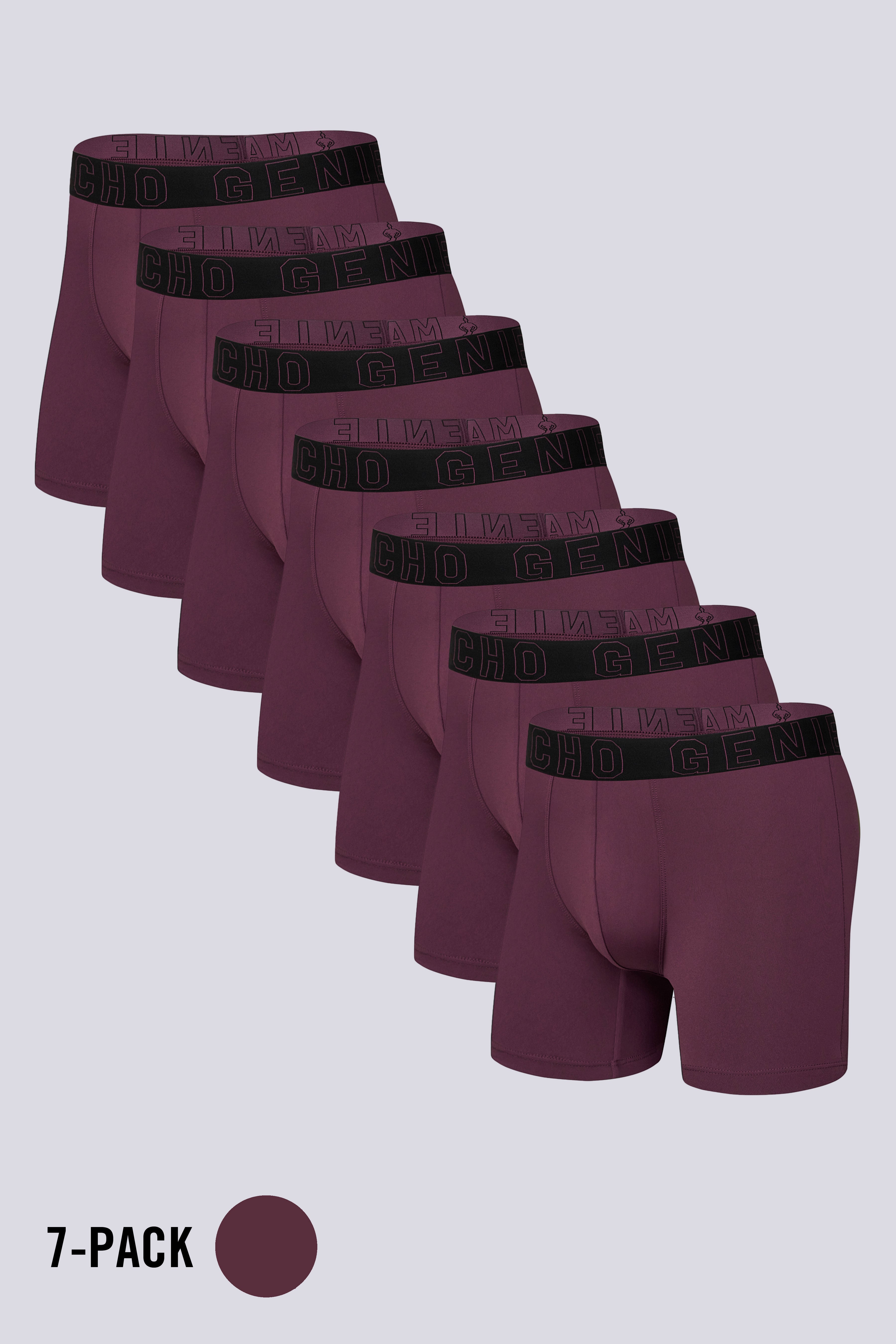 Macho Genie Evercore Performance Compression Trunks 7-Pack in Maroon featuring a streamlined athletic fit and flexible stretch construction
