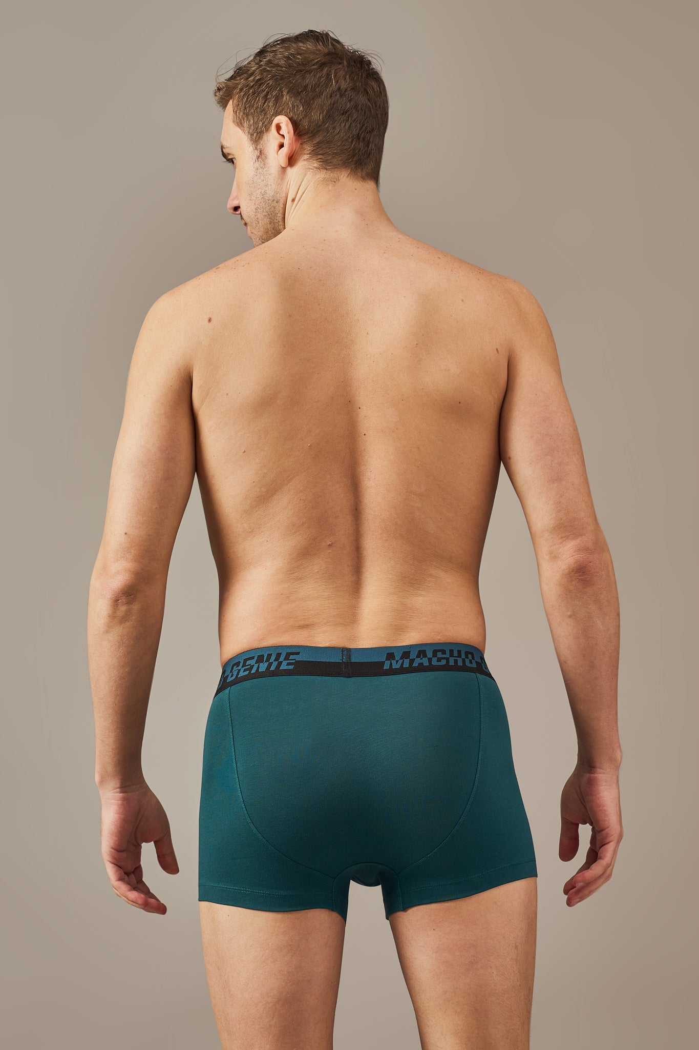 Macho Genie green boxer trunks with a tailored 3-inch inseam, flexible waistband and no-ride-up