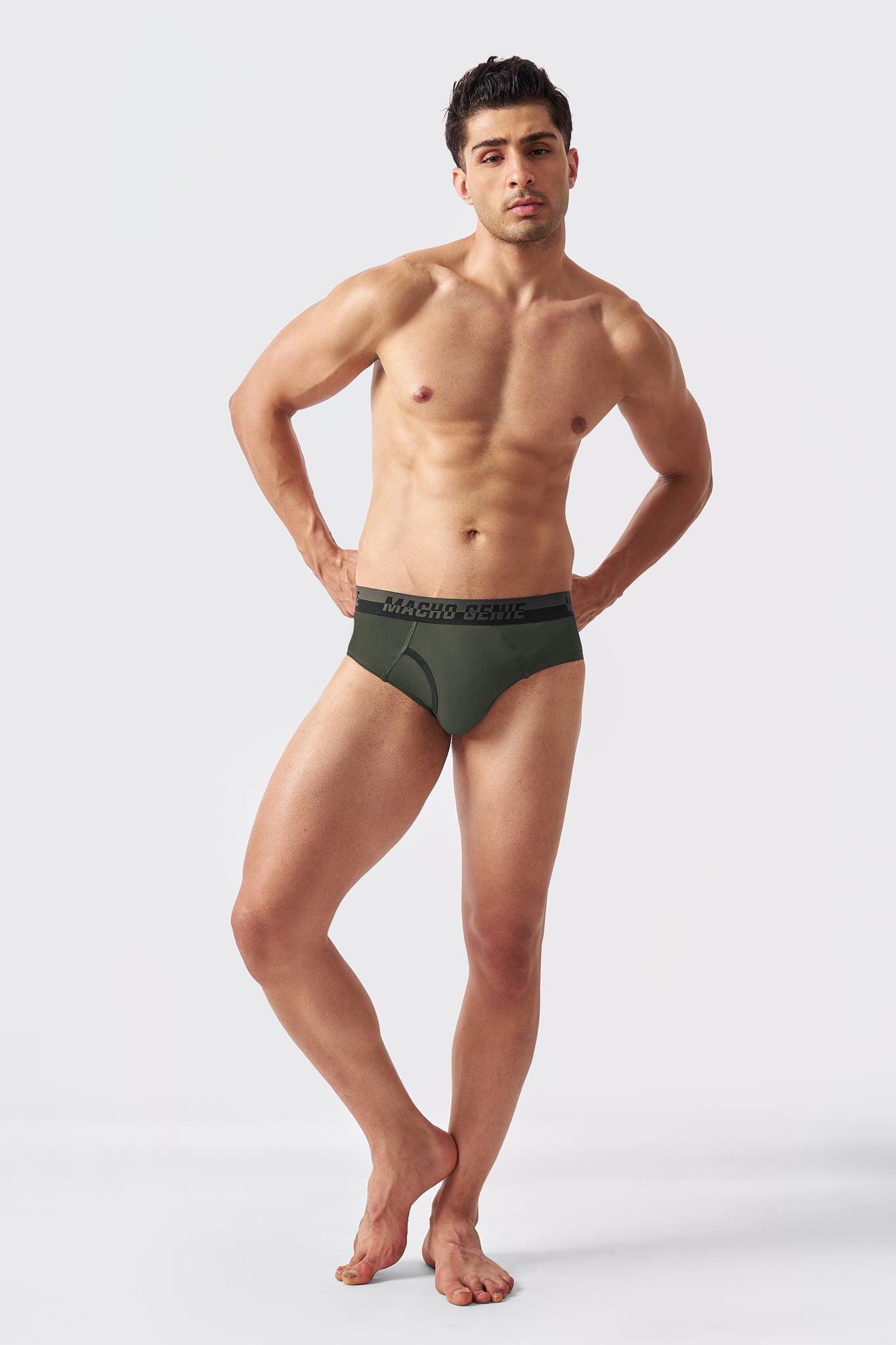 Macho Genie Army Green Supima Blend briefs with a smooth stretch waistband for all-day comfort