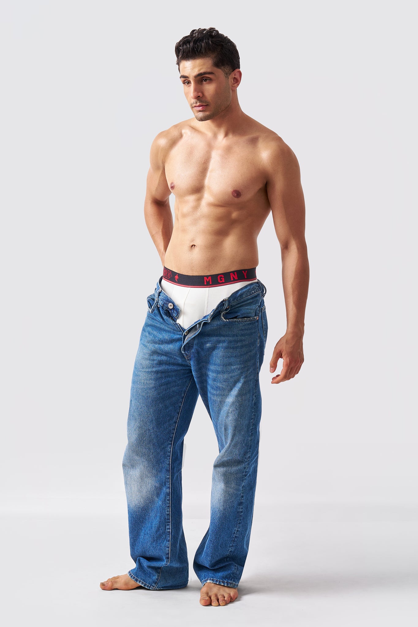 Macho Genie Men's ivory white bamboo boxer briefs with a longer inseam designed for comfortable coverage throughout the day
