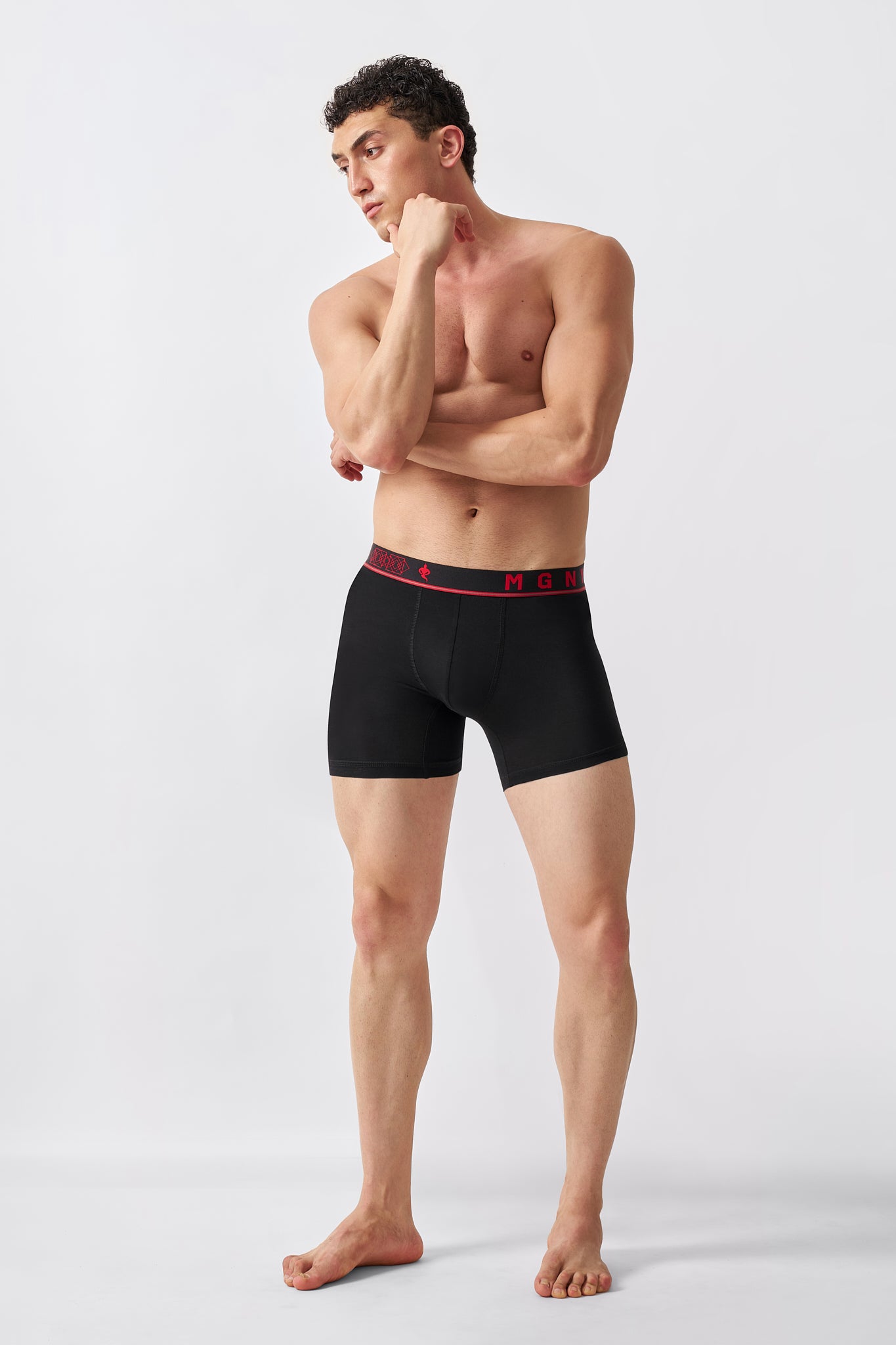 Macho Genie Jet Black Bamboo Aeroflex boxer briefs shown in a full-length view highlighting extended coverage and everyday comfort
