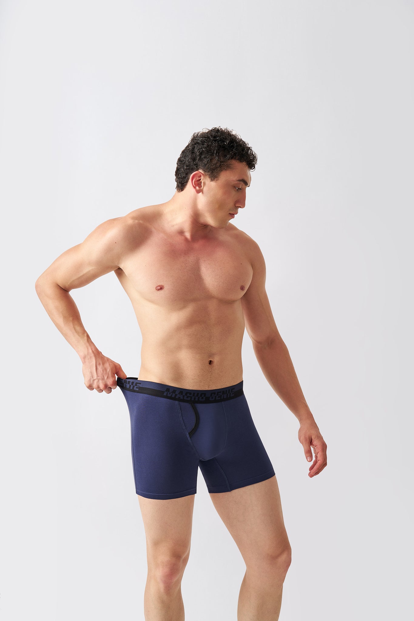 Back view of Macho Genie Marine Navy Supima Blend boxer briefs showing 6 inches inseam coverage and shape-retaining construction