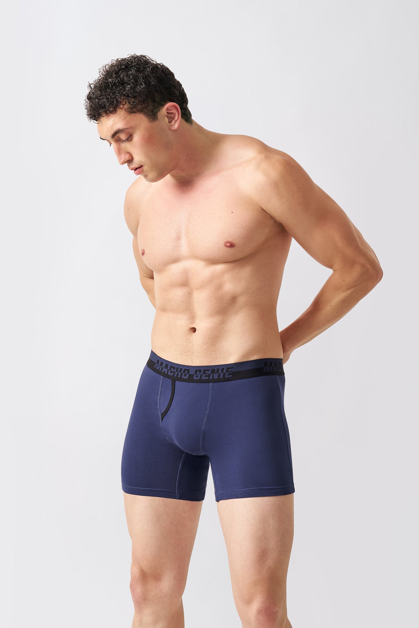Macho Genie Marine Navy Supima cotton boxer briefs with stretch fit, functional front fly and smooth elastic waistband